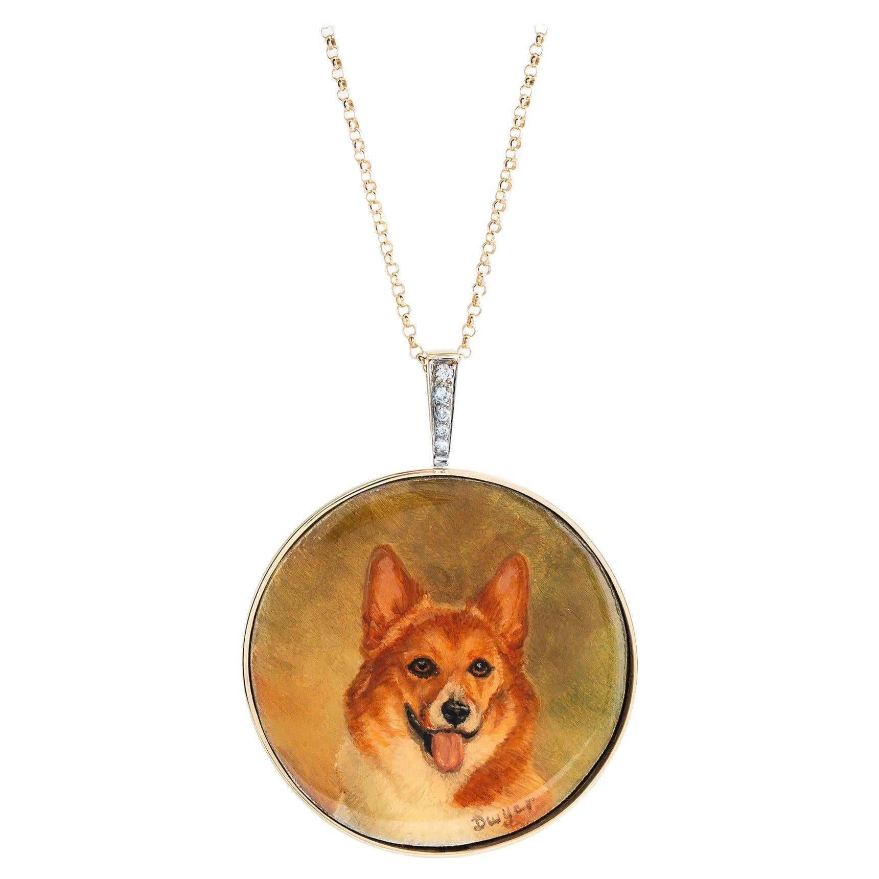 14 Karat Yellow Gold Painted Corgi Dog Portrait Diamond Pendant For Sale