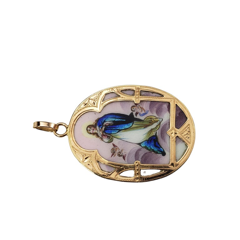 14 Karat Yellow Gold Painted Virgin Mary Pendant at 1stDibs