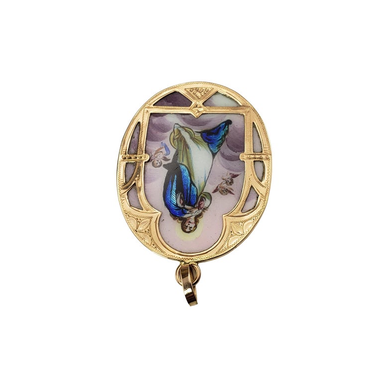 14 Karat Yellow Gold Painted Virgin Mary Pendant at 1stDibs