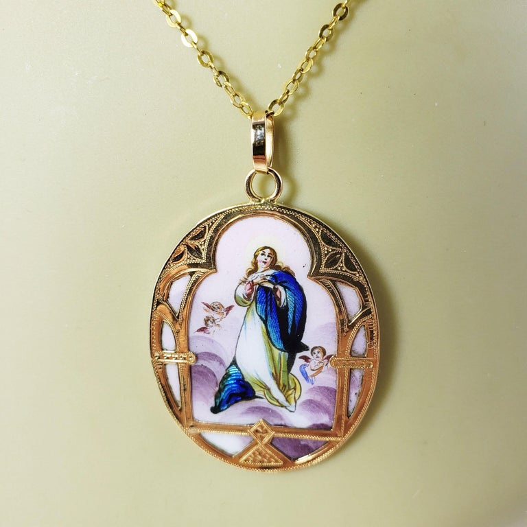 14 Karat Yellow Gold Painted Virgin Mary Pendant at 1stDibs