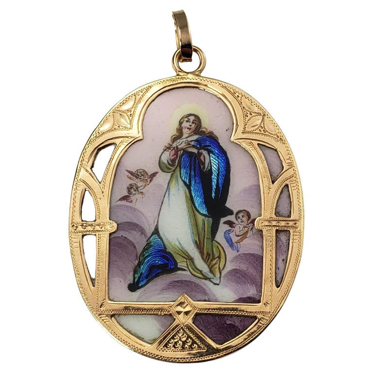 14 Karat Yellow Gold Painted Virgin Mary Pendant at 1stDibs