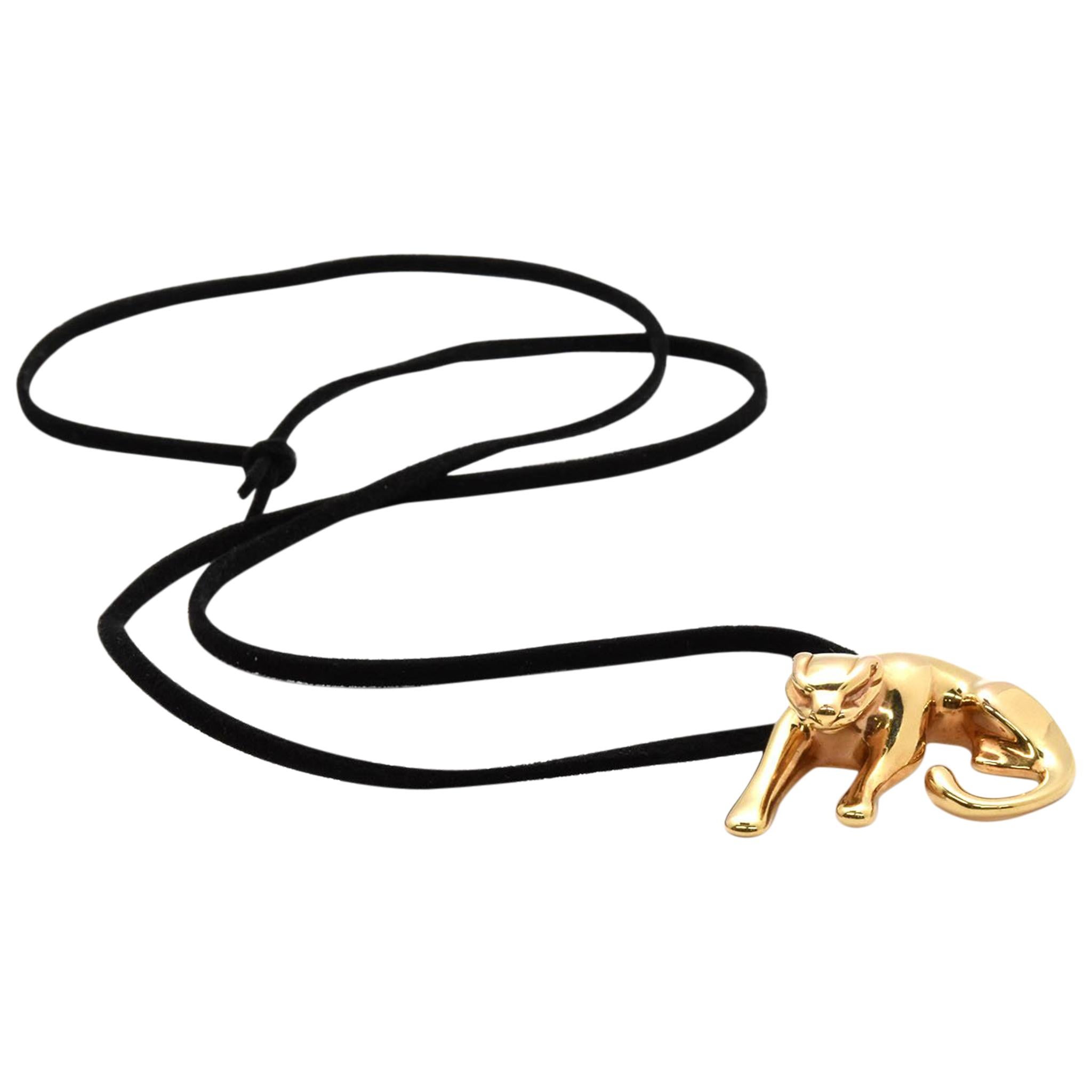 14 Karat Yellow Gold Panther Pendant on Black Silk Cord