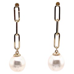 14 Karat Yellow Gold Paper Clip and Freshwater Pearl Earrings