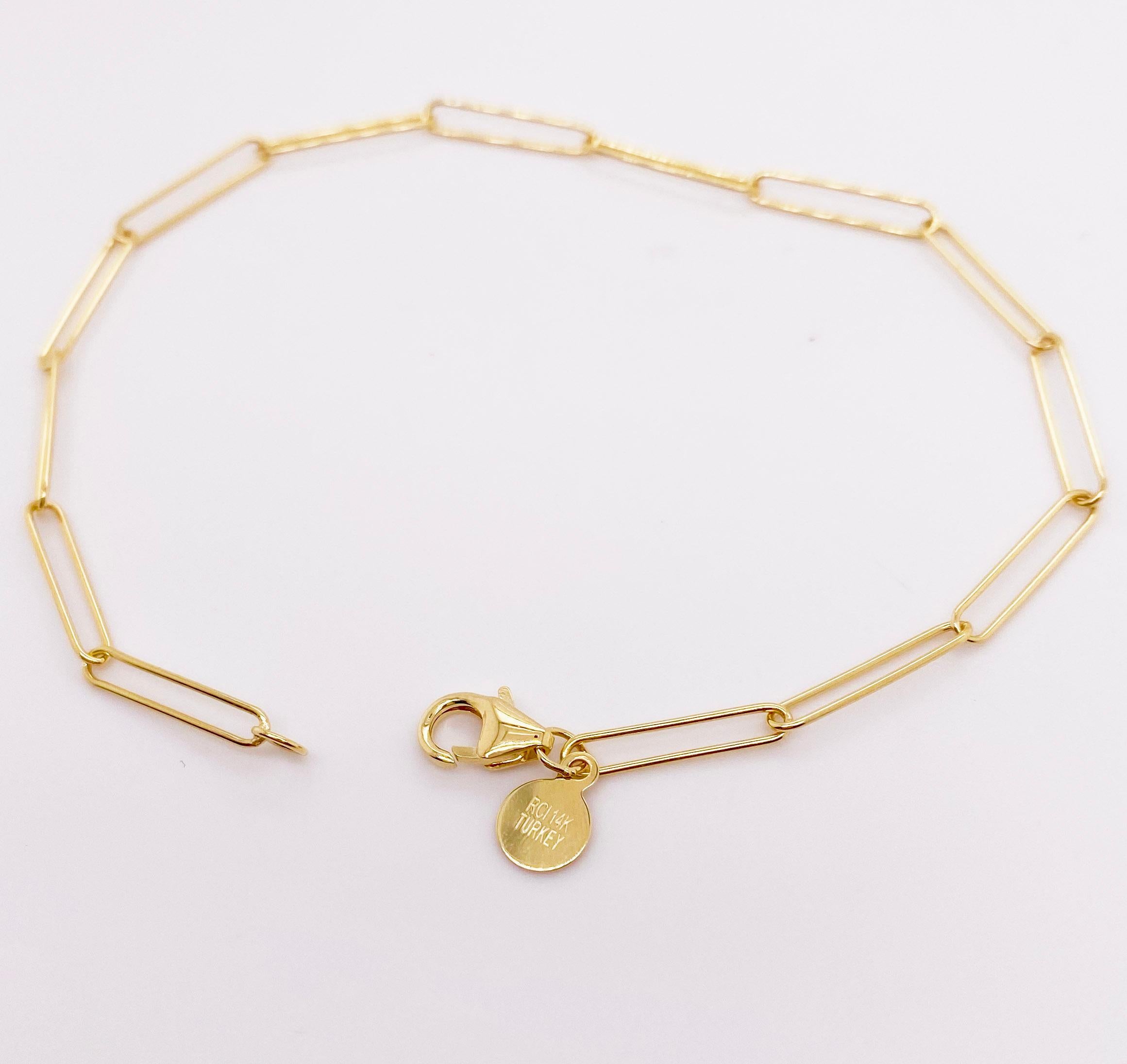 14 Karat Yellow Gold Paper Clip Chain Bracelet For Sale at 1stDibs