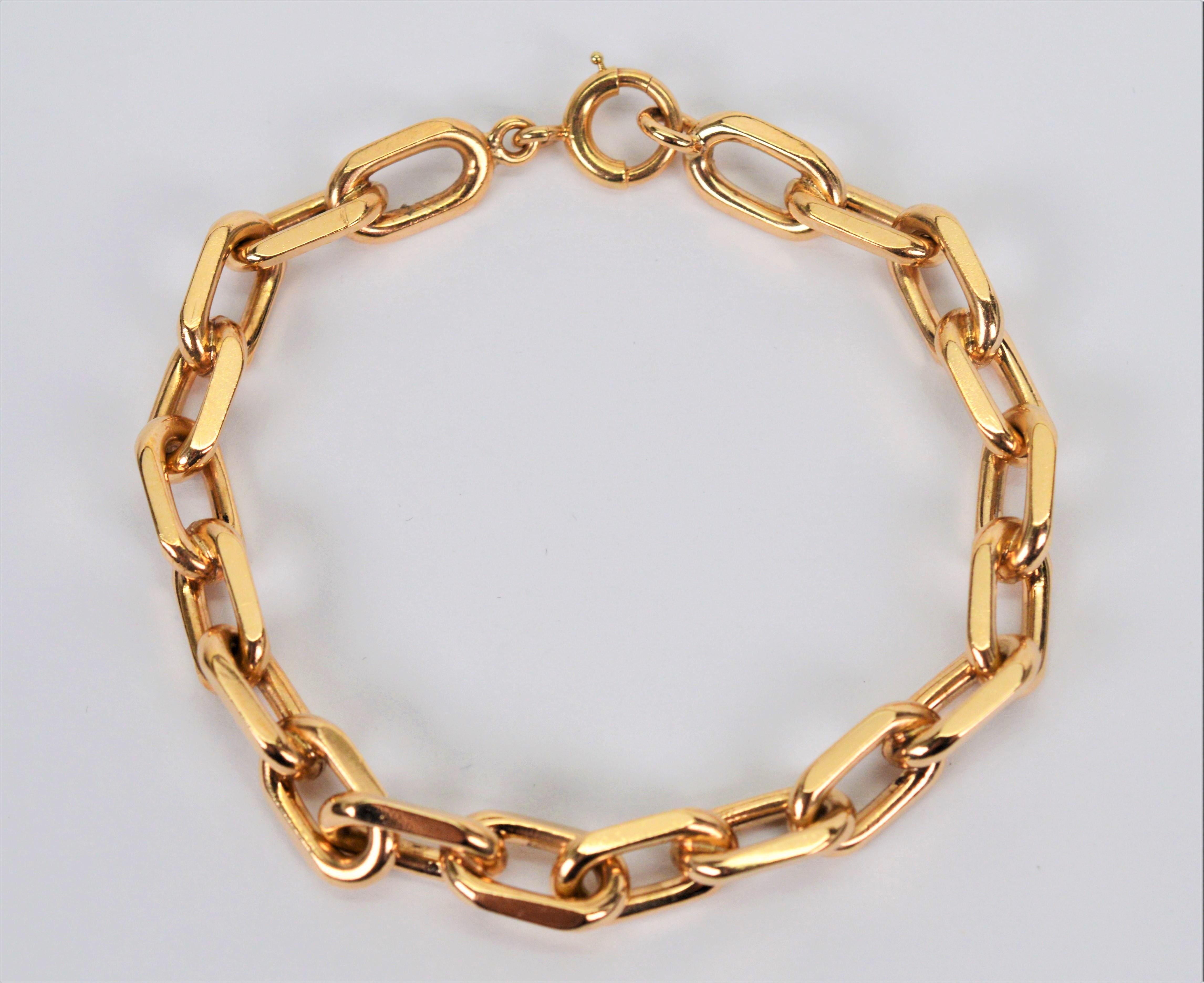 Women's or Men's 14 Karat Yellow Gold Paper Clip Chain Bracelet For Sale