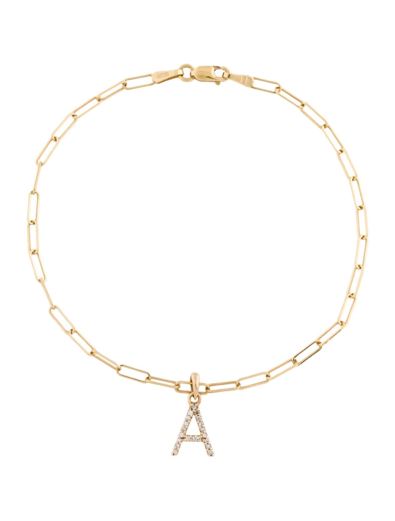 Taille simple Bracelet à maillons en forme de clip en or jaune 14 carats avec initiale « A » et diamants en vente