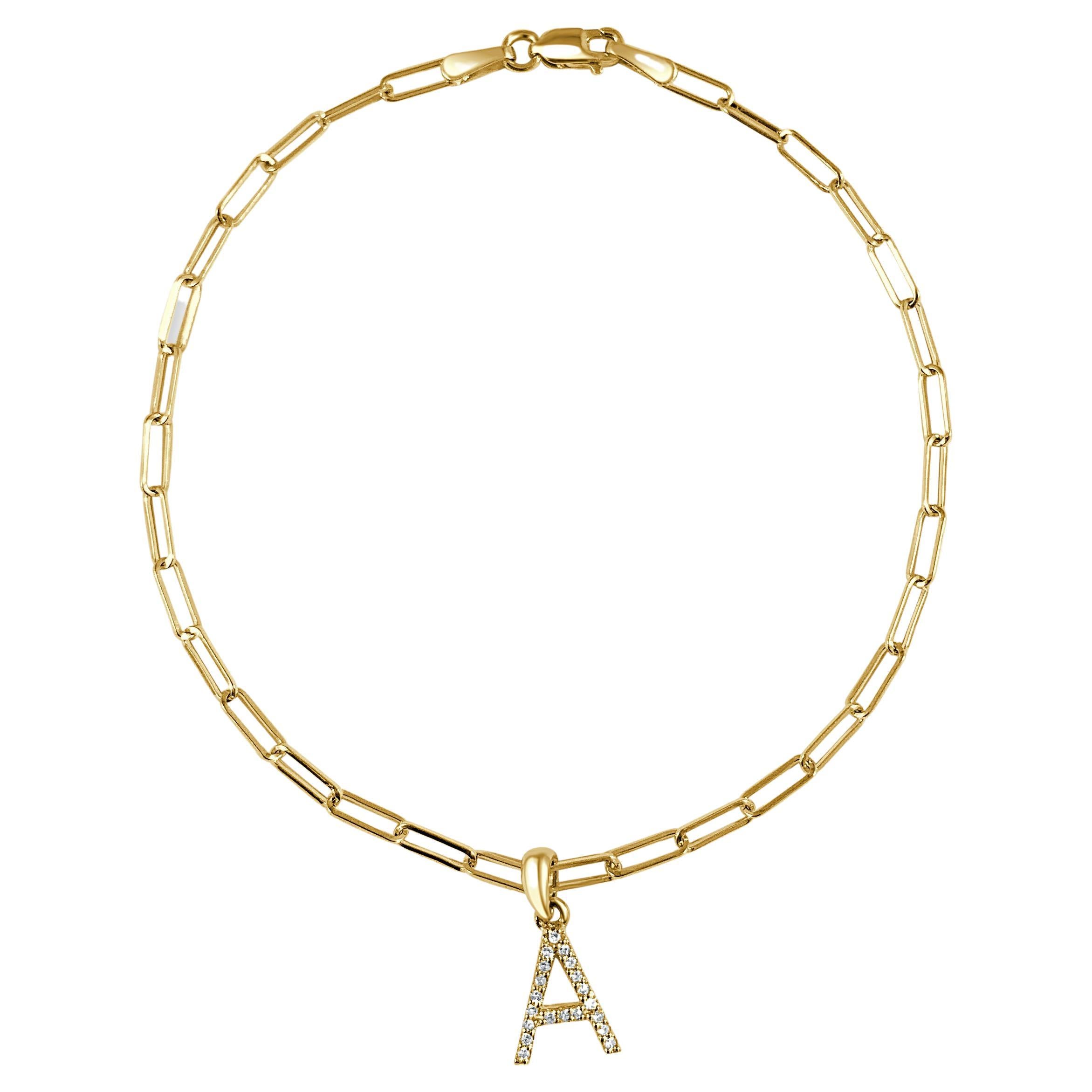 14 Karat Yellow Gold Paperclip Diamond Initial "A" Link Chain Bracelet For Sale