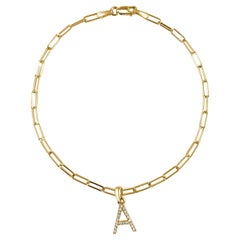 14 Karat Yellow Gold Paperclip Diamond Initial "A" Link Chain Bracelet