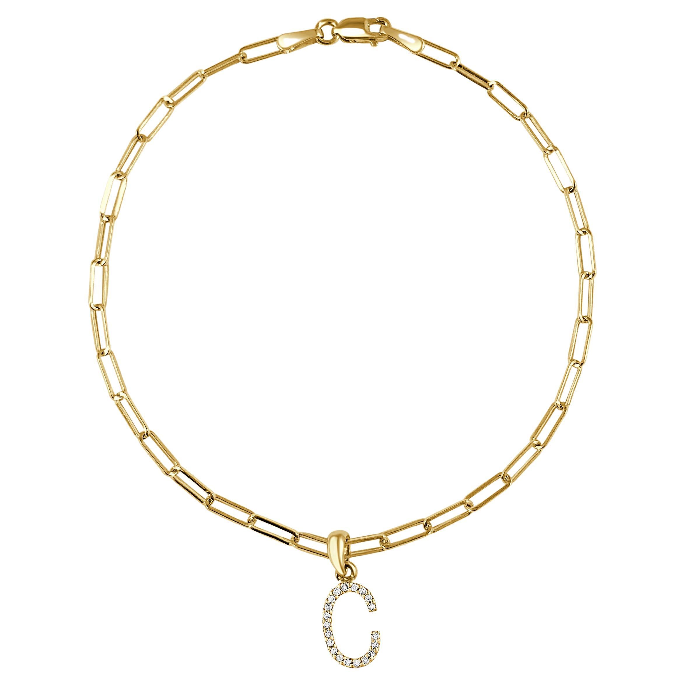 14 Karat Yellow Gold Paperclip Diamond Initial "C" Link Chain Bracelet For Sale