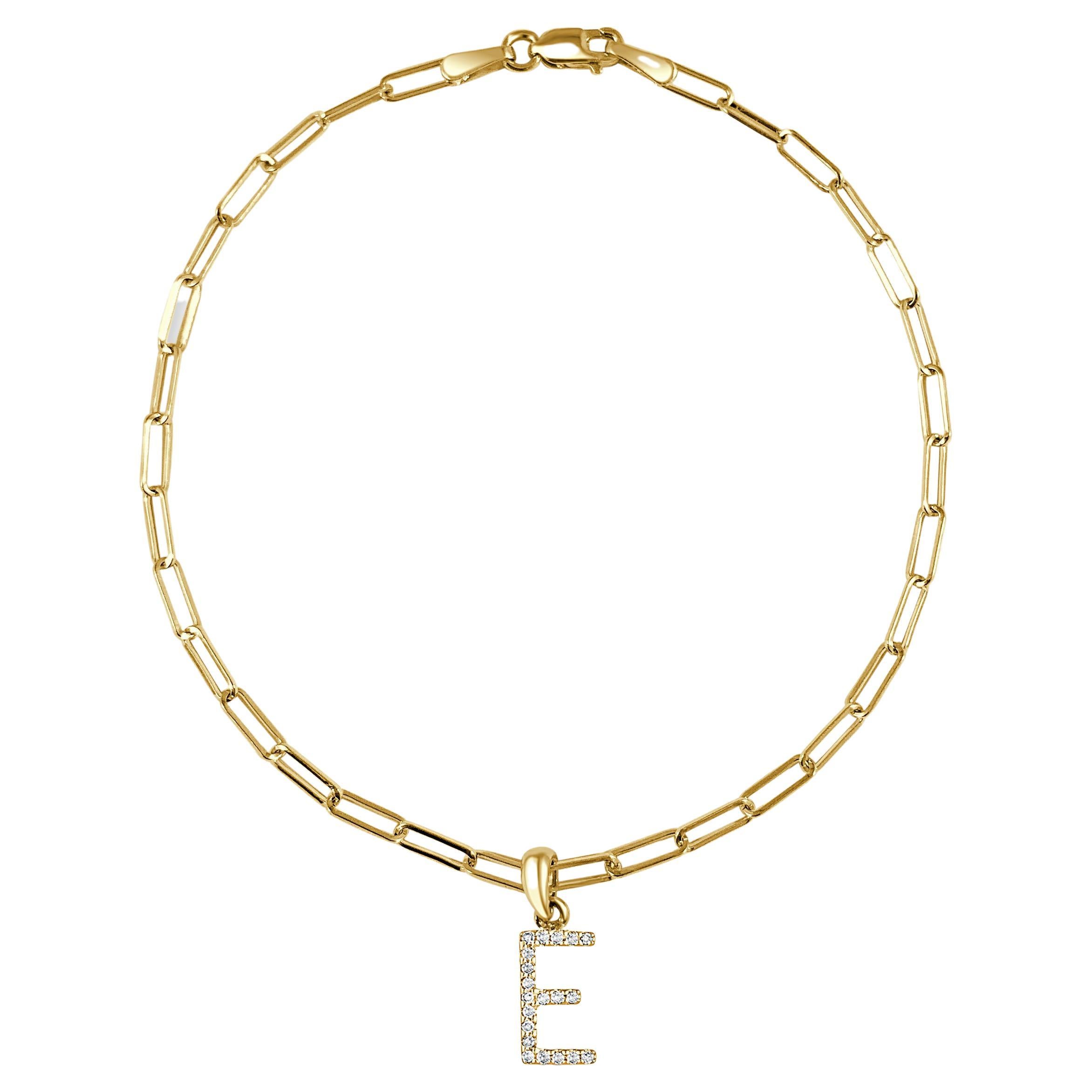 14 Karat Yellow Gold Paperclip Diamond Initial "E" Link Chain Bracelet For Sale