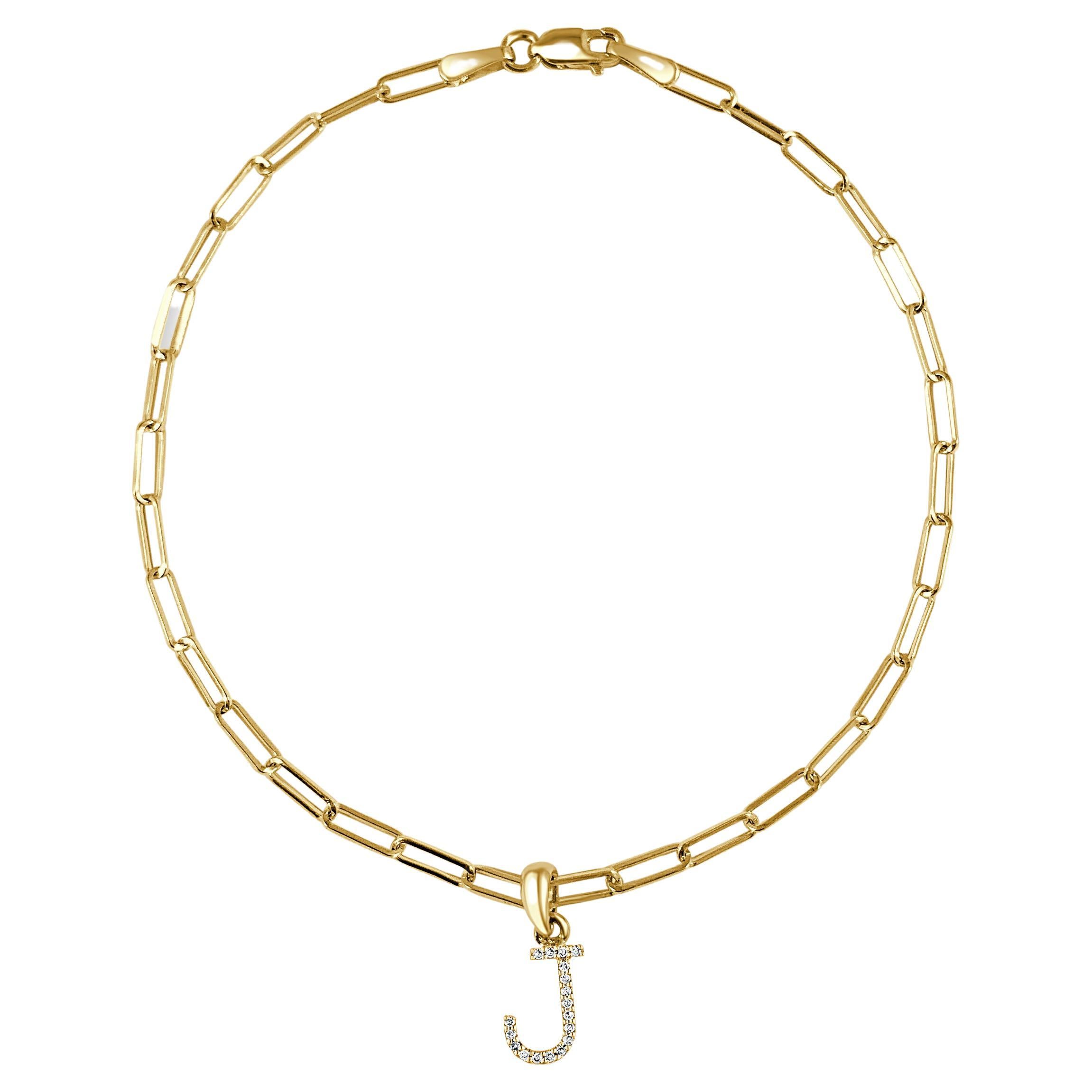14 Karat Yellow Gold Paperclip Diamond Initial "J" Link Chain Bracelet For Sale