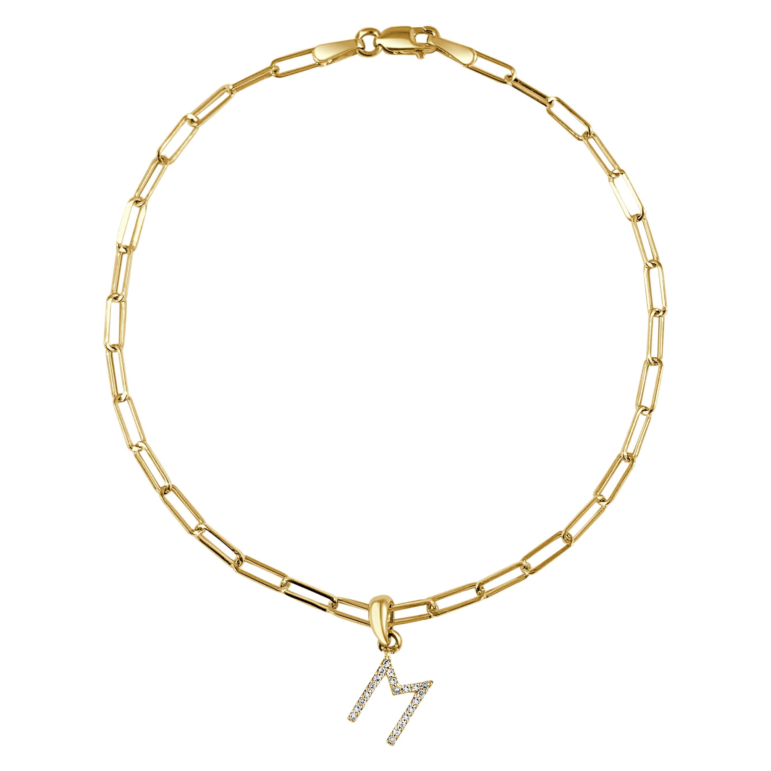 14 Karat Yellow Gold Paperclip Diamond Initial "M" Link Chain Bracelet For Sale