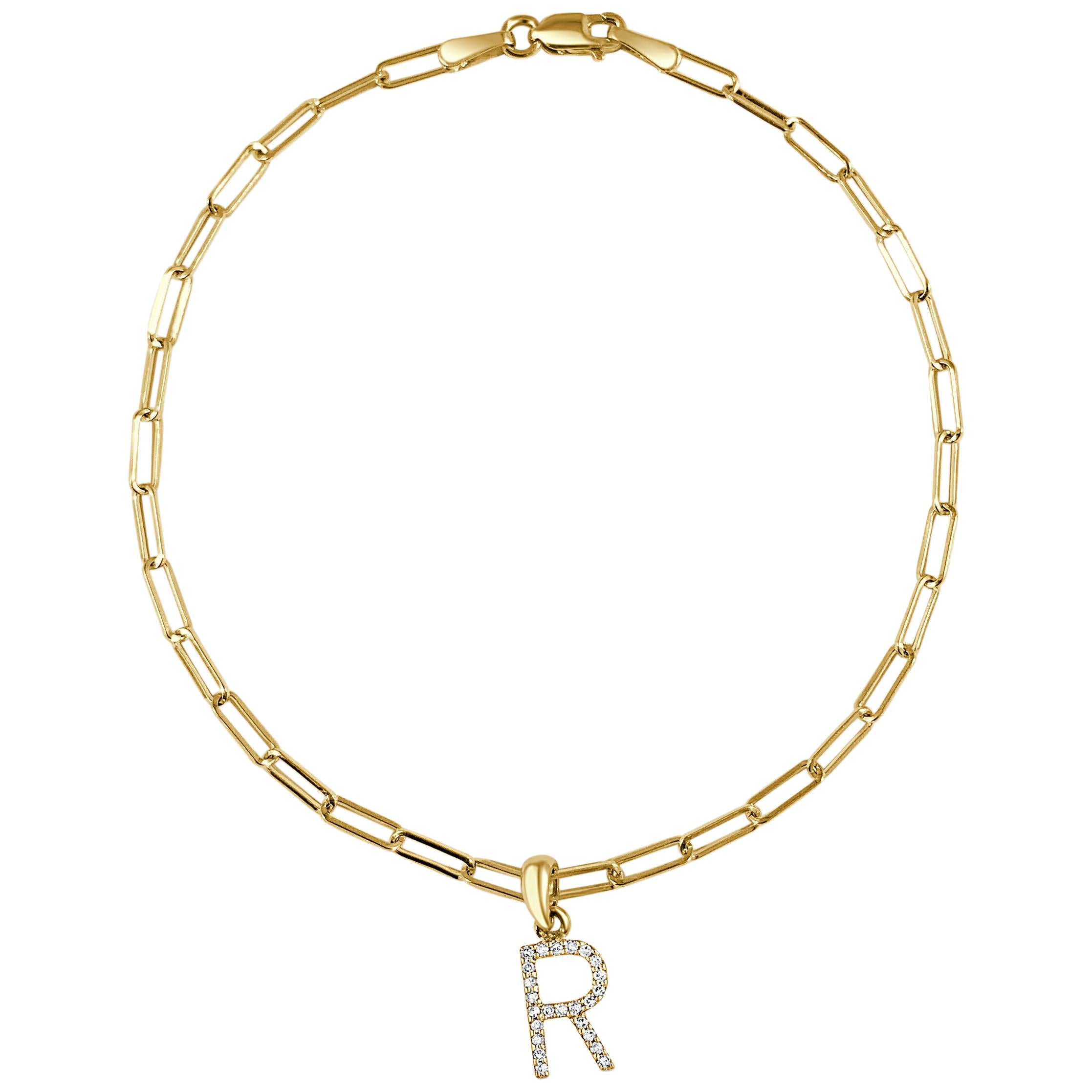 14 Karat Yellow Gold Paperclip Diamond Initial "R" Link Chain Bracelet For Sale