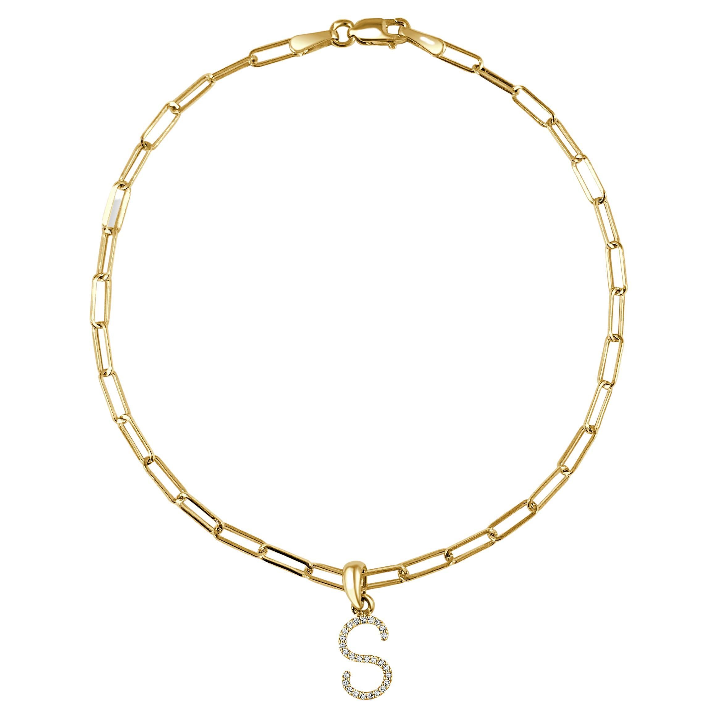 14 Karat Yellow Gold Paperclip Diamond Initial "S" Link Chain Bracelet For Sale