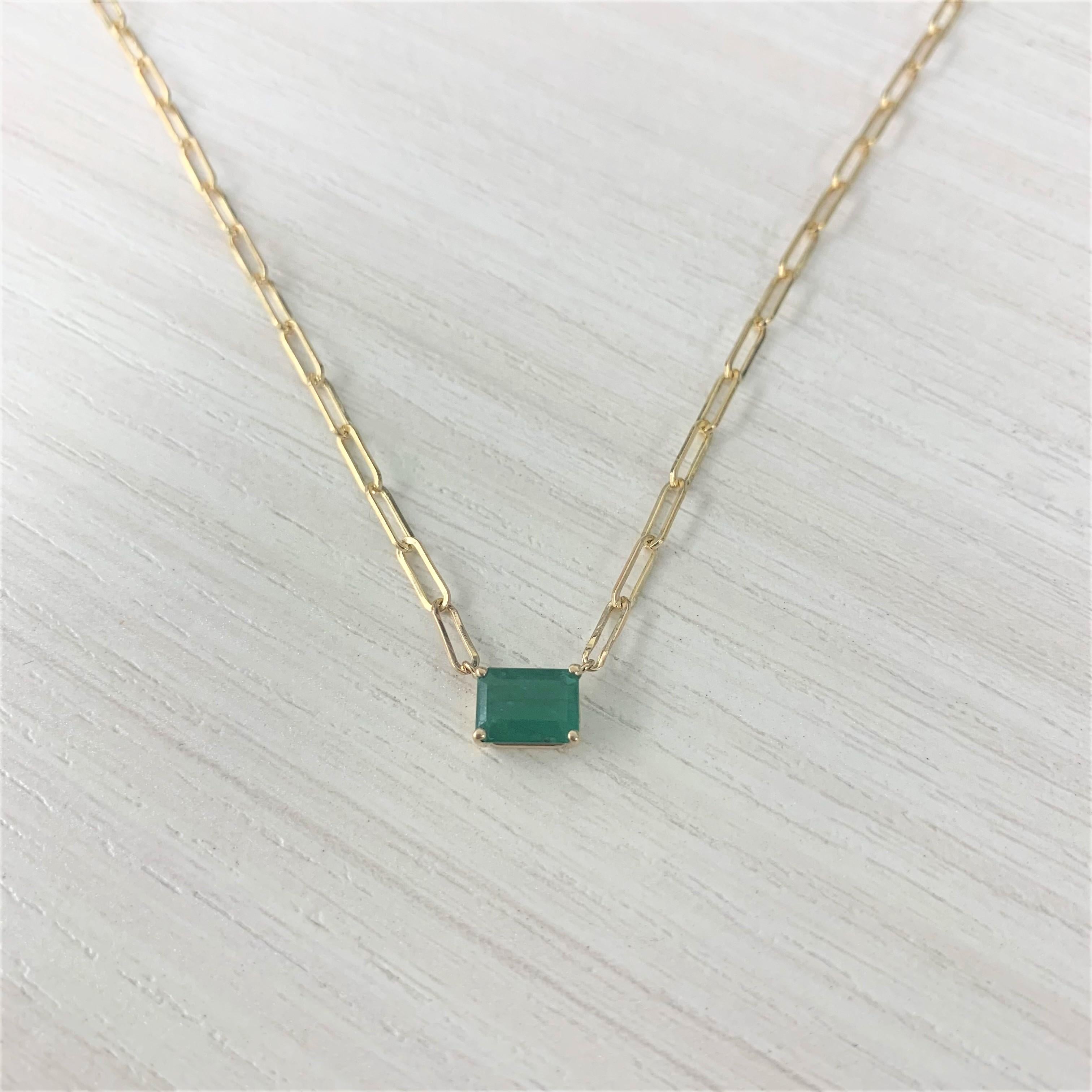 Women's 14 Karat Yellow Gold Paperclip Link Chain Green Emerald Pendant Necklace