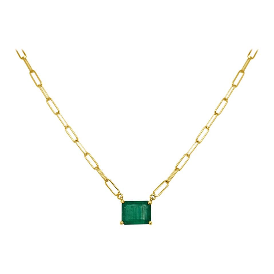 14 Karat Yellow Gold Paperclip Link Chain Green Emerald Pendant Necklace