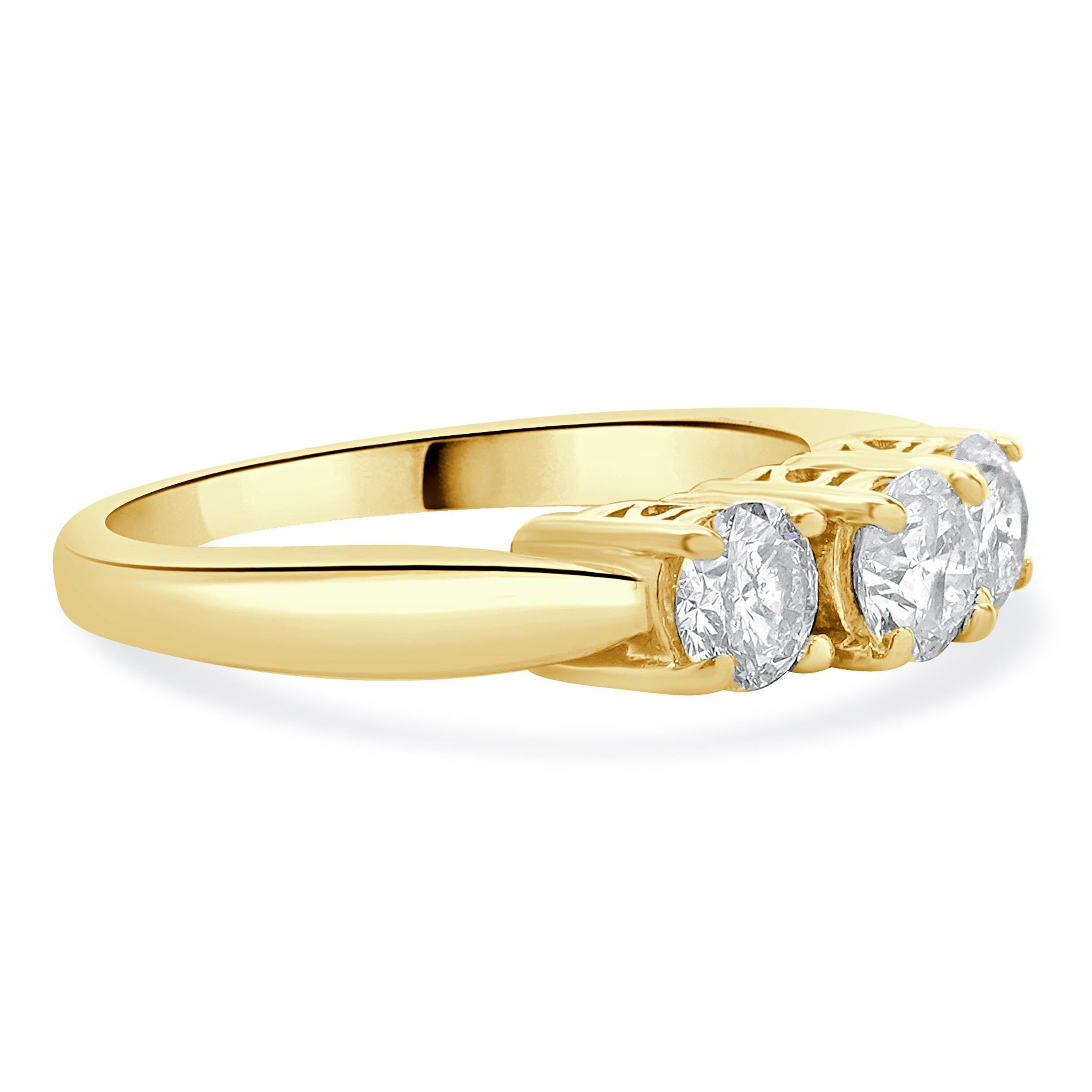 Round Cut 14 Karat Yellow Gold Past, Present, Future Diamond Engagement Ring For Sale