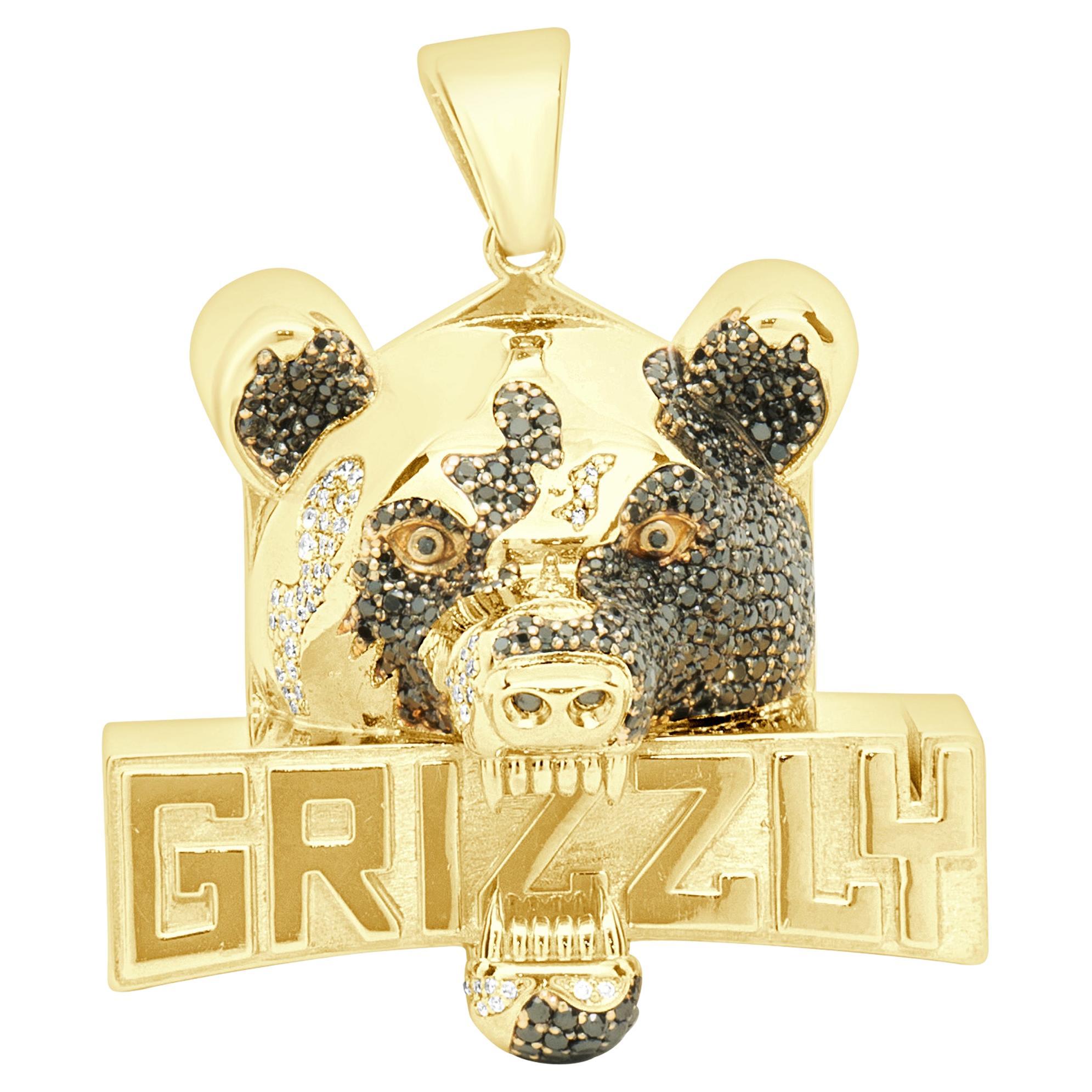 14 Karat Yellow Gold Pave Black and White Diamond “Grizzly” Bear Pendant For Sale