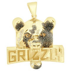 14 Karat Yellow Gold Pave Black and White Diamond “Grizzly” Bear Pendant