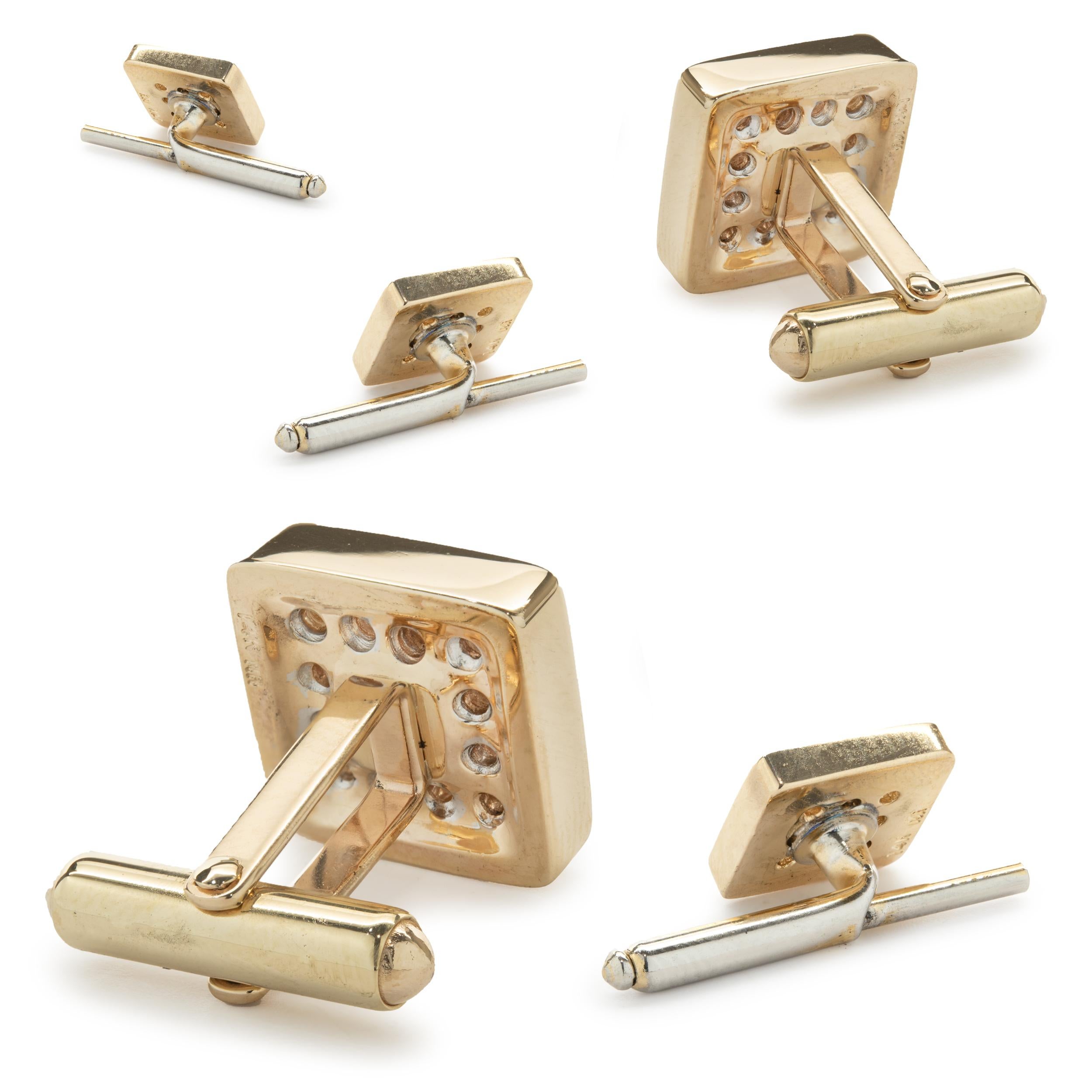 Material: 14K yellow gold
Diamond: 59 round brilliant cut = 1.37cttw
Color: H 
Clarity: SI1
Dimensions: cufflinks measure 14.5 x 14.50mm, shirt studs measure 10.25 x 10.25mm 
Weight: 26.40 grams