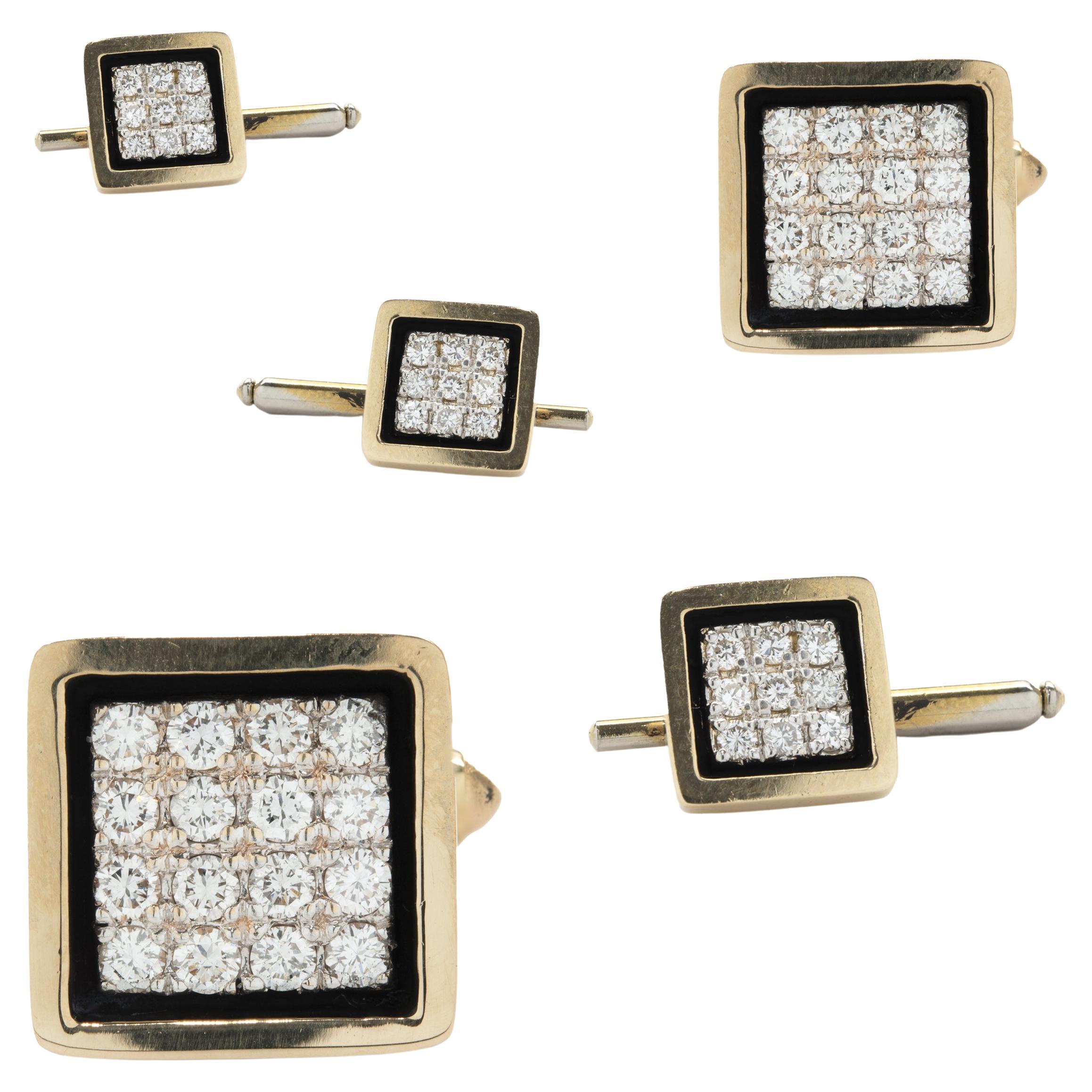 14 Karat Gelbgold Pavé-Diamant und schwarzer Onyx Manschettenknöpfe und Hemdstecker Set im Angebot