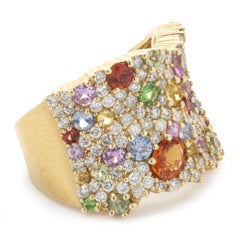 14 Karat Yellow Gold Pave Diamond and Multi Gemstone Wide Fashion Band