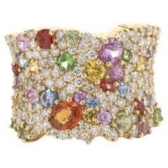 14 Karat Yellow Gold Pave Diamond and Multi Gemstone Wide Fashion Band