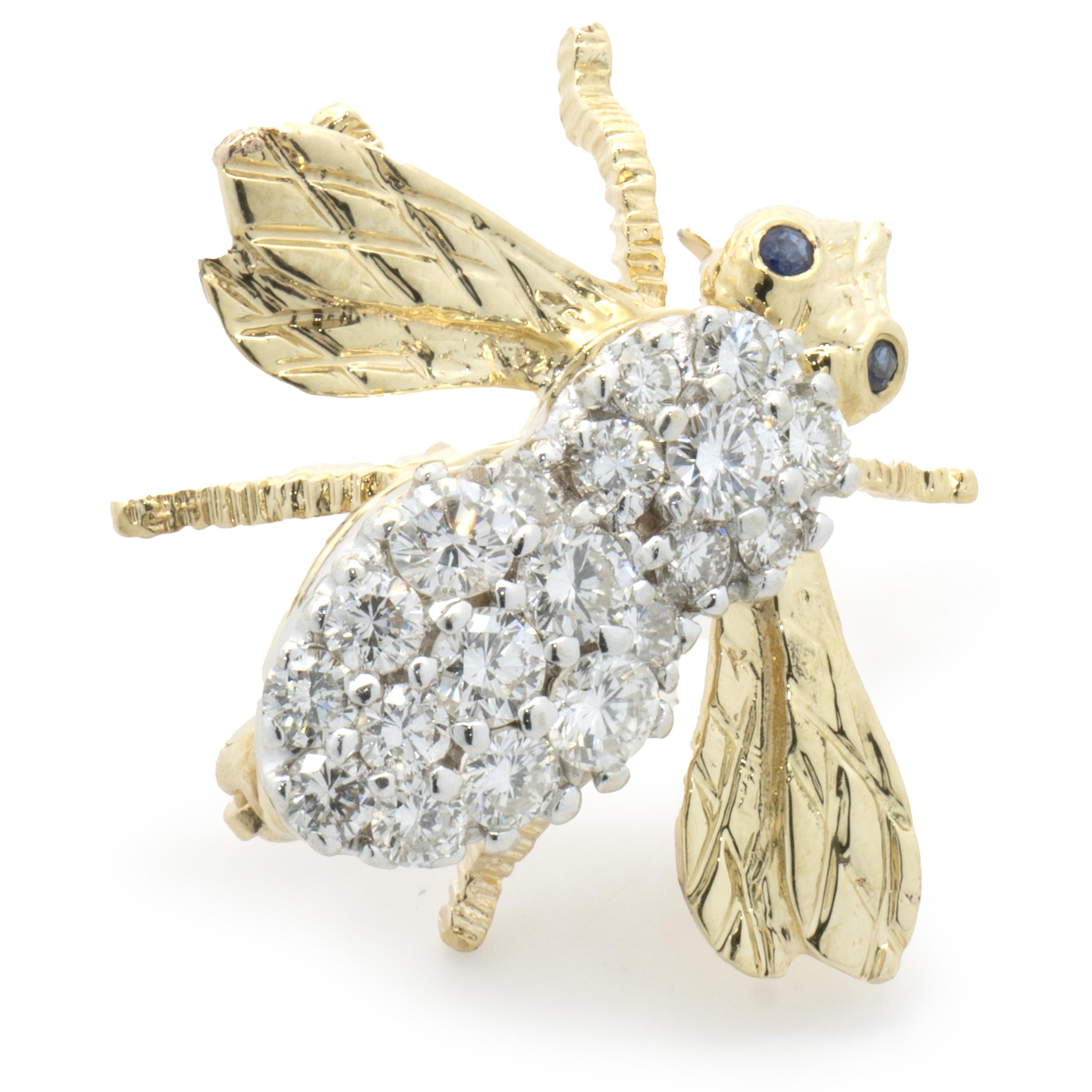 Round Cut 14 Karat Yellow Gold Pave Diamond and Sapphire Bee Pin For Sale