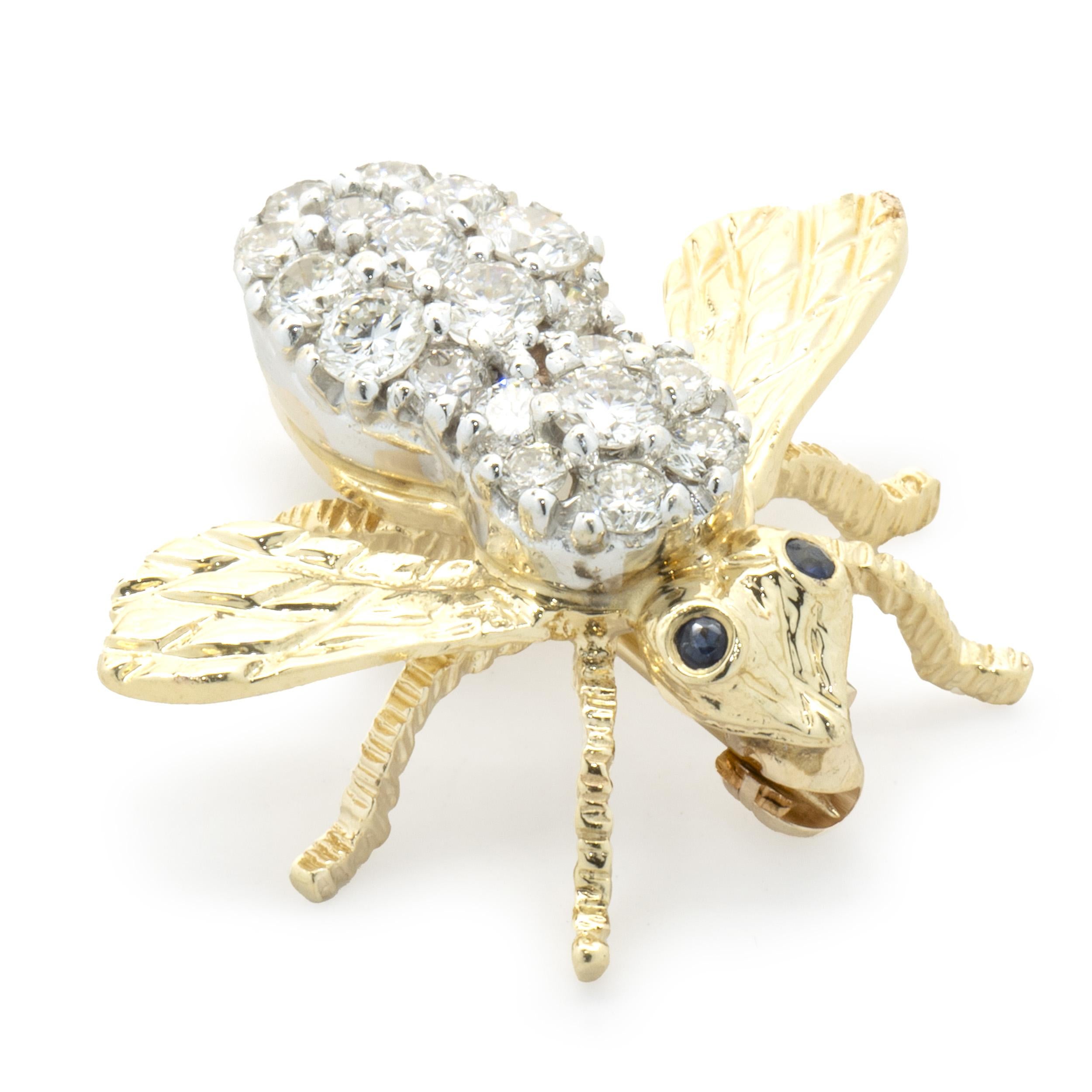 14 Karat Yellow Gold Pave Diamond and Sapphire Bee Pin For Sale