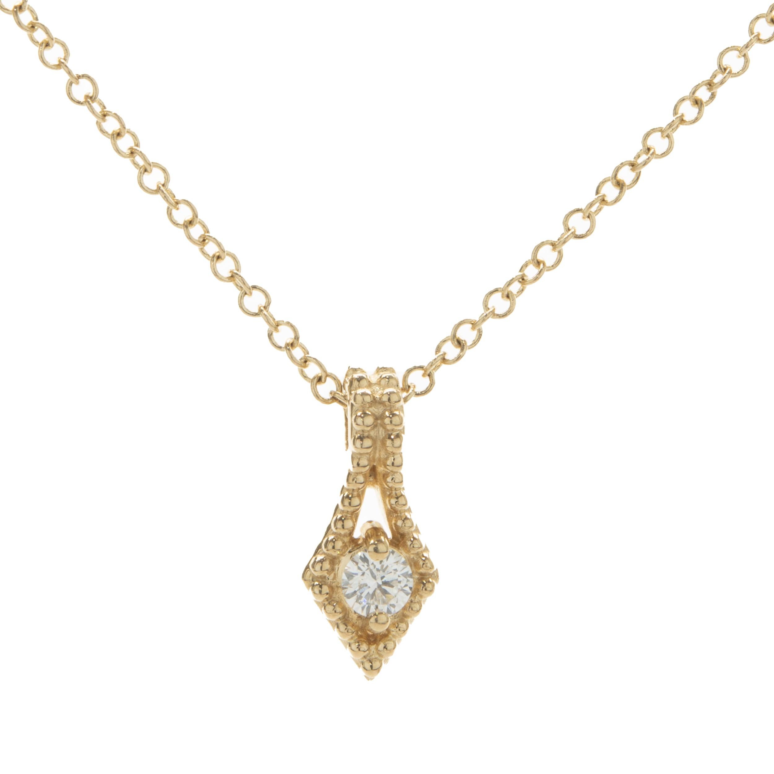 Designer: custom	
Material: 14K yellow gold
Diamonds: 13 round brilliant cut = 0.25cttw
Color: G
Clarity: SI1
Dimensions: necklace measures 18-inches in length 
Weight: 4.94 grams