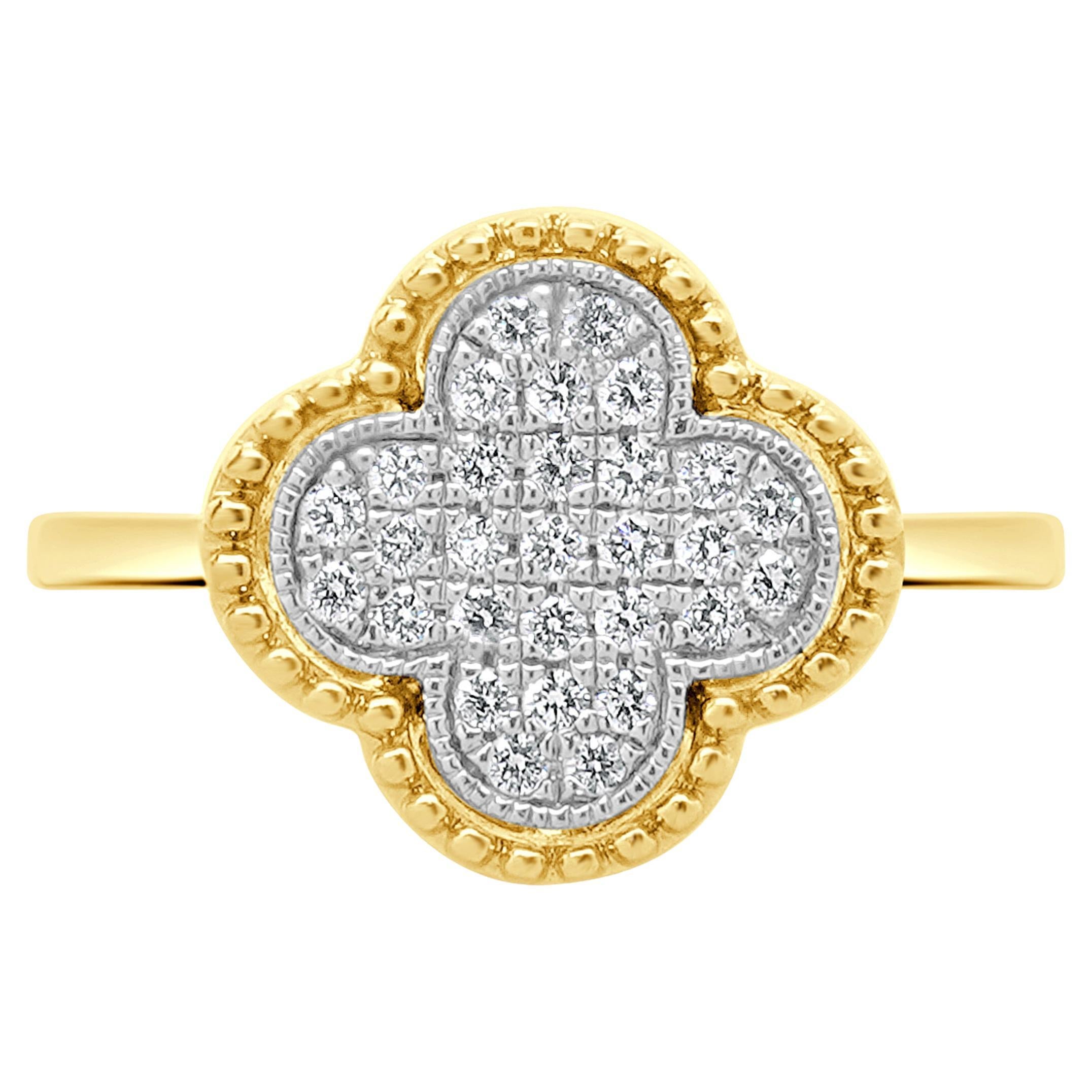 14 Karat Yellow Gold Pave Diamond Clover Ring For Sale