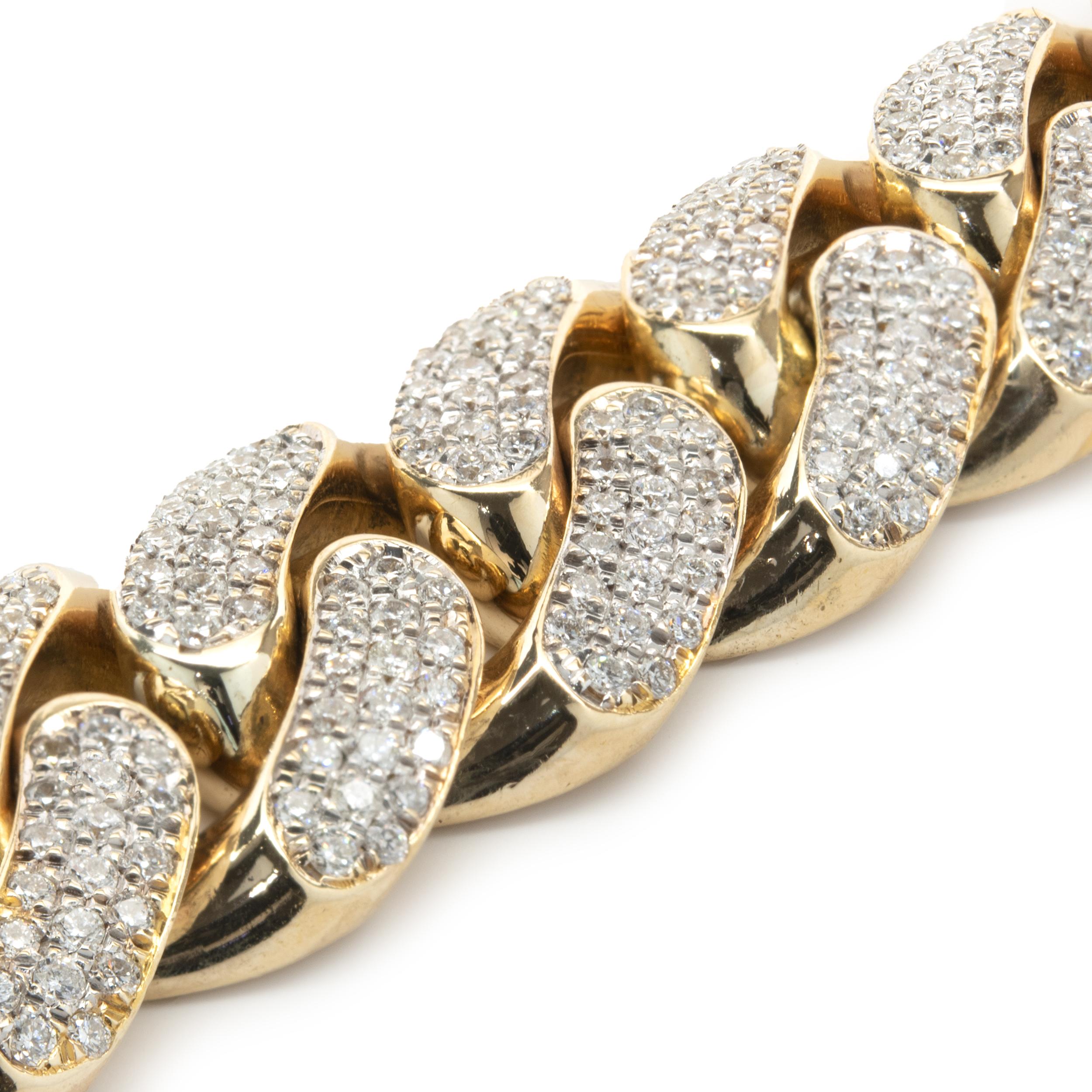 Round Cut 14 Karat Yellow Gold Pave Diamond Cuban Link Bracelet