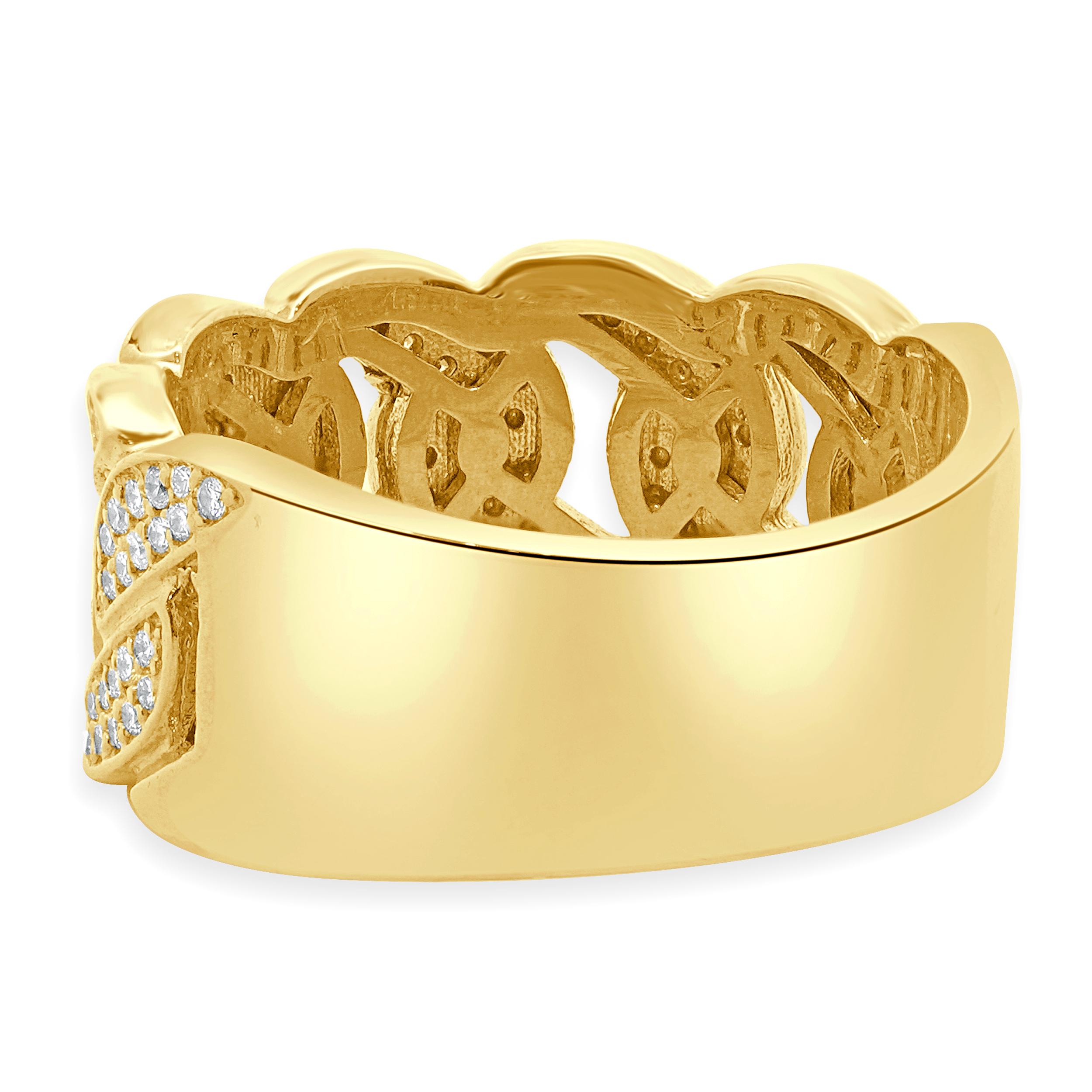 14 Karat Yellow Gold Pave Diamond Cuban Link Ring Corte redondo en venta