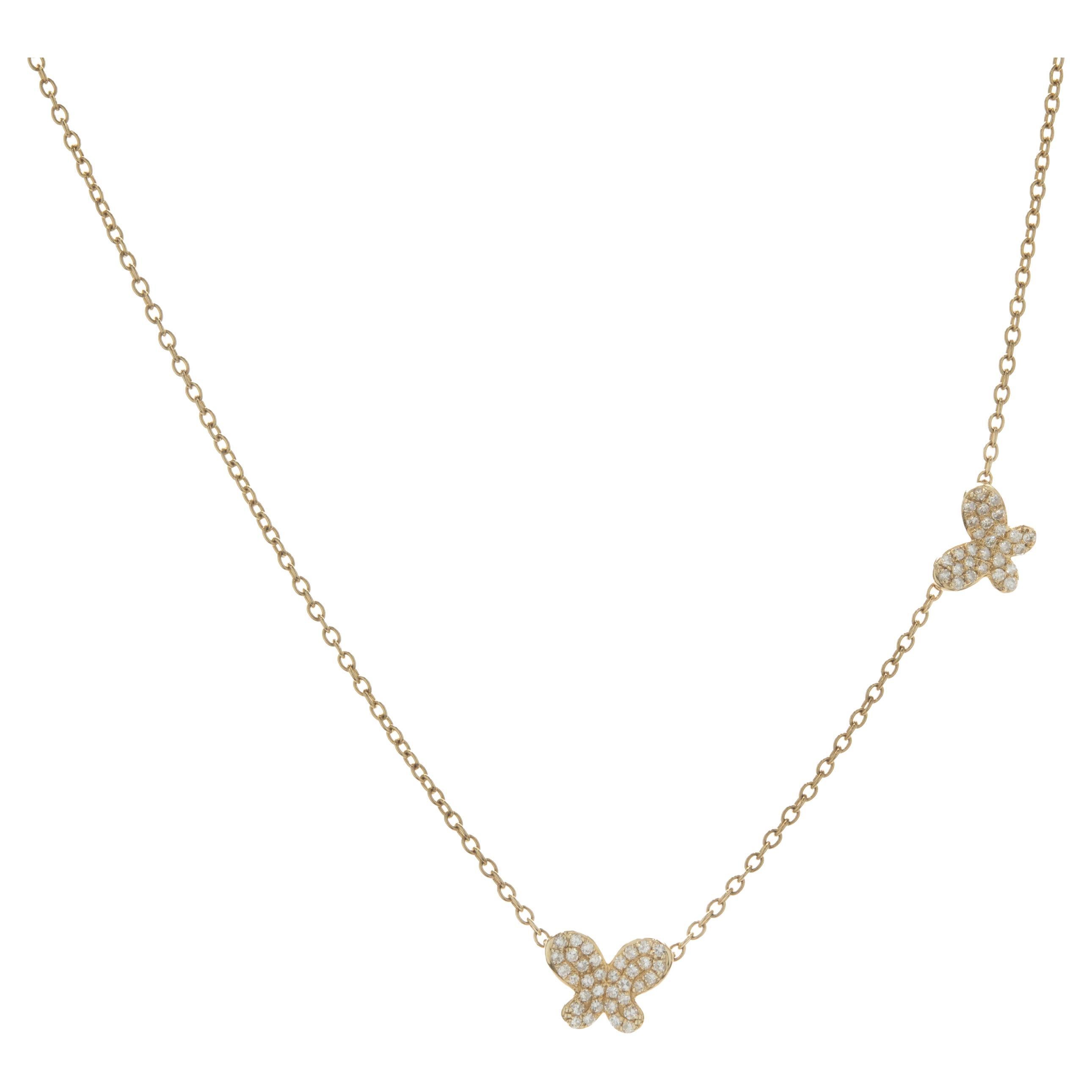 14 Karat Yellow Gold Pave Diamond Double Butterfly Necklace