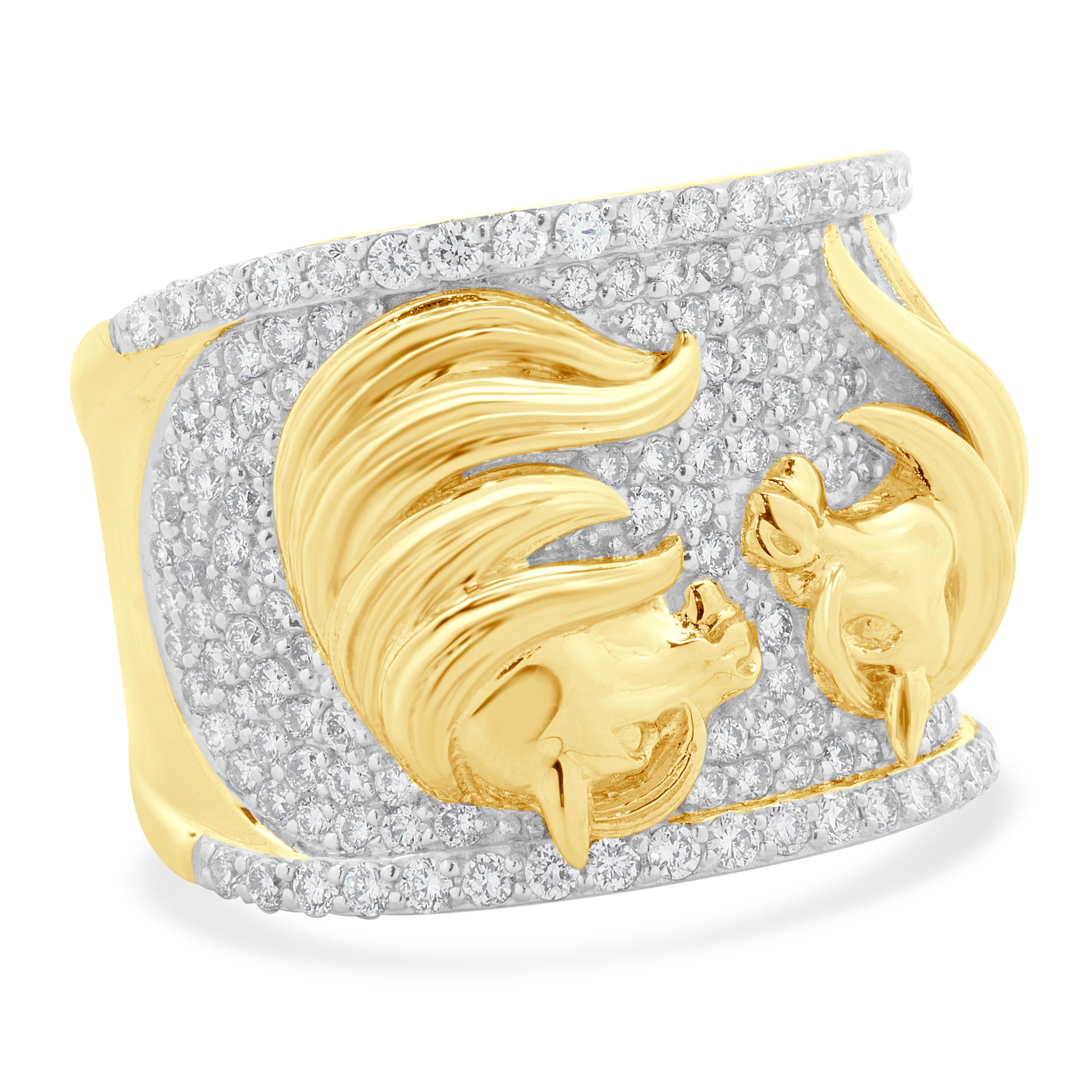 Round Cut 14 Karat Yellow Gold Pave Diamond Double Horse Ring For Sale
