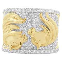 14 Karat Yellow Gold Pave Diamond Double Horse Ring