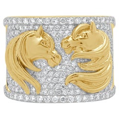 14 Karat Yellow Gold Pave Diamond Double Horse Ring