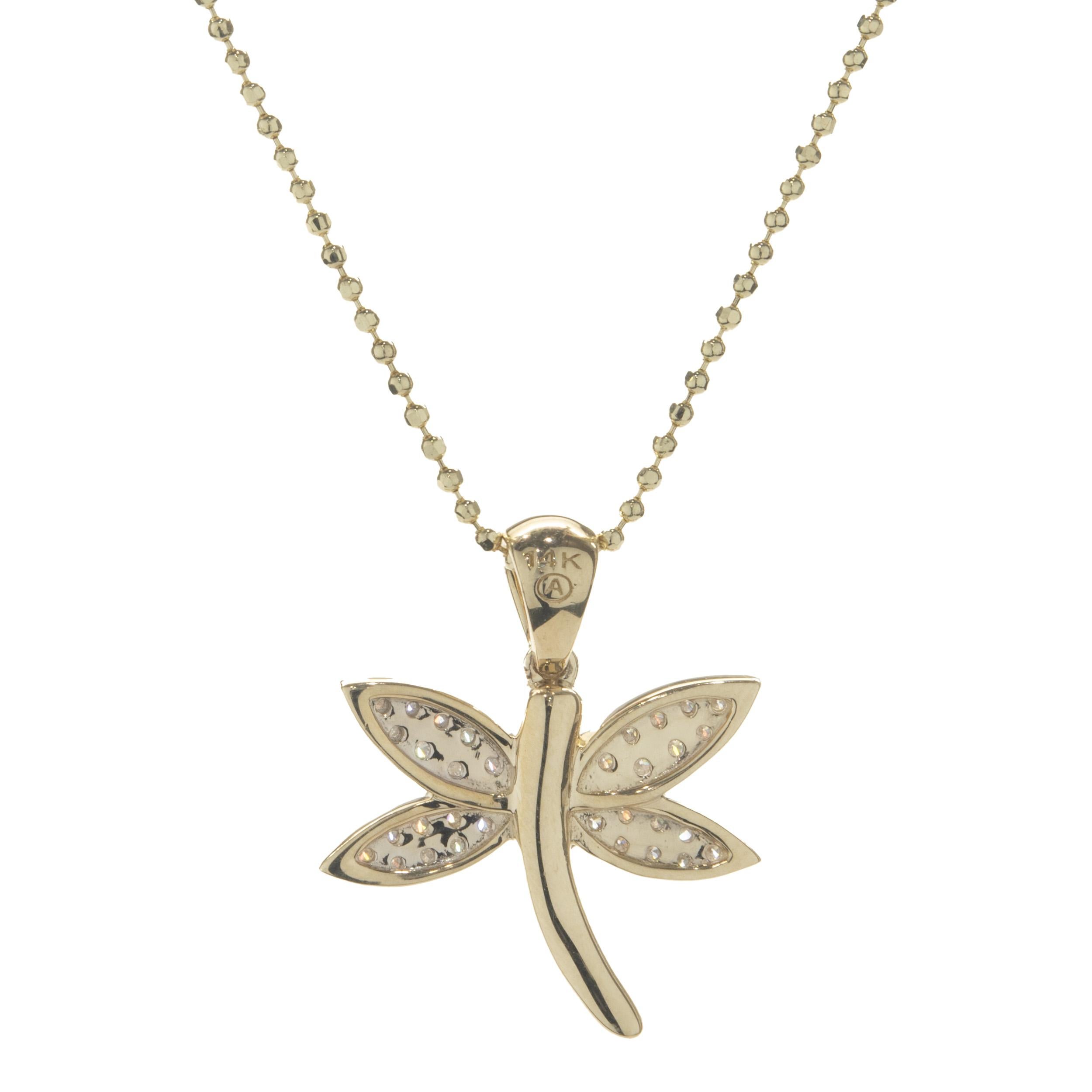 Round Cut 14 Karat Yellow Gold Pave Diamond Dragonfly Necklace For Sale