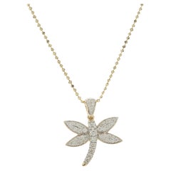 14 Karat Yellow Gold Pave Diamond Dragonfly Necklace