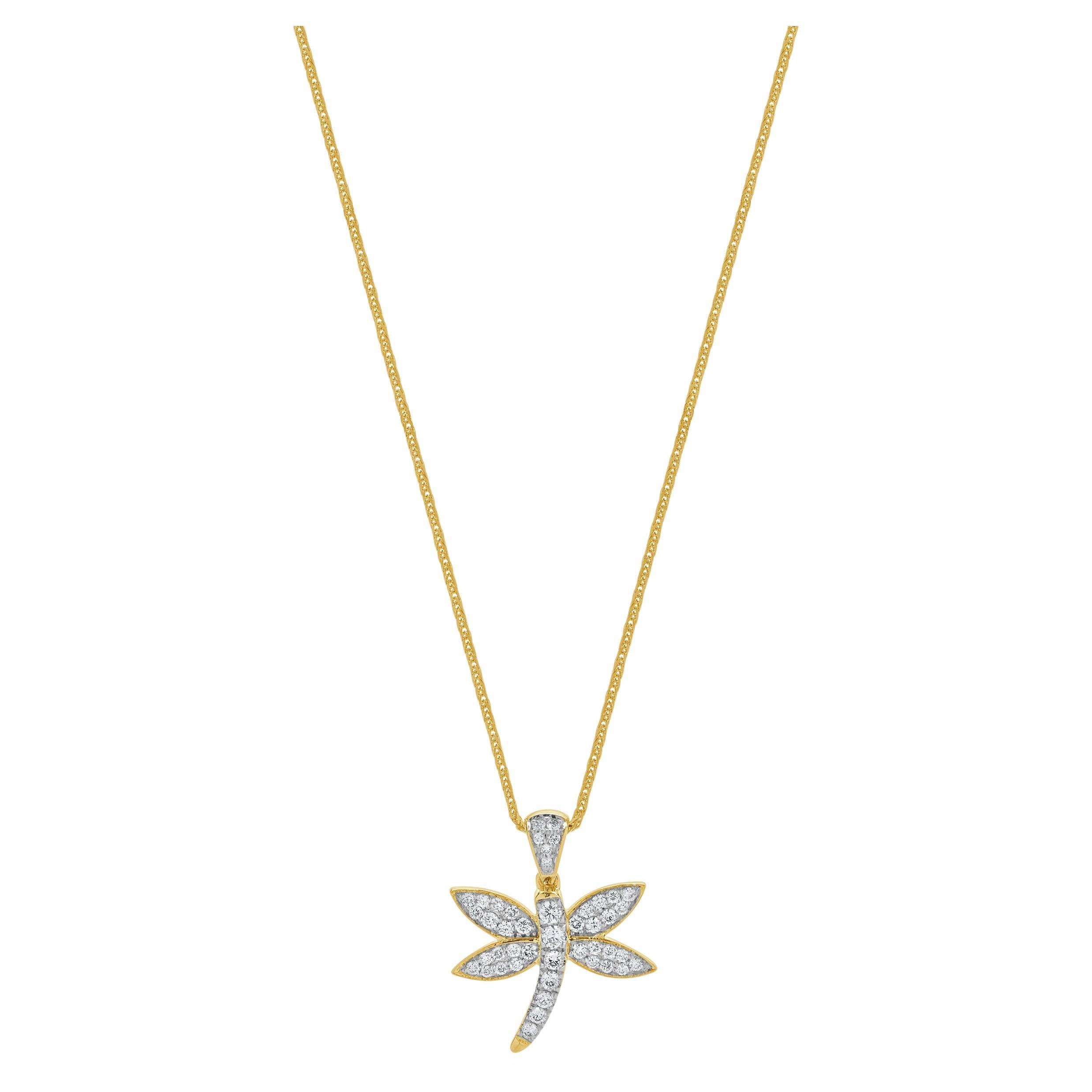 14 Karat Yellow Gold Pave Diamond Dragonfly Necklace For Sale