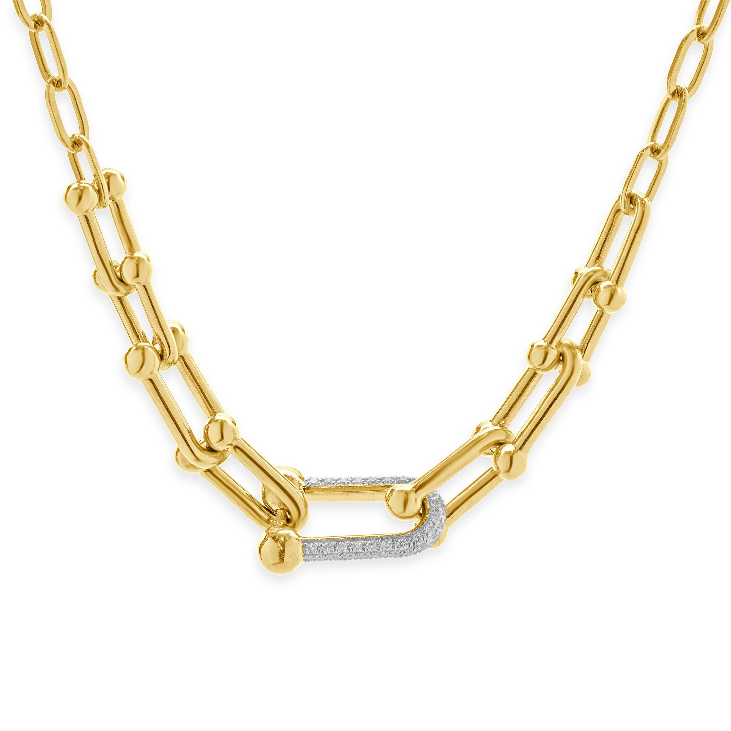 Designer: custom
Material: 14K yellow gold
Diamonds: round brilliant cut = 0.21cttw
Color: G 
Clarity: SI1
Dimensions: necklace measures 18-inches in length
Weight: 10.62 grams