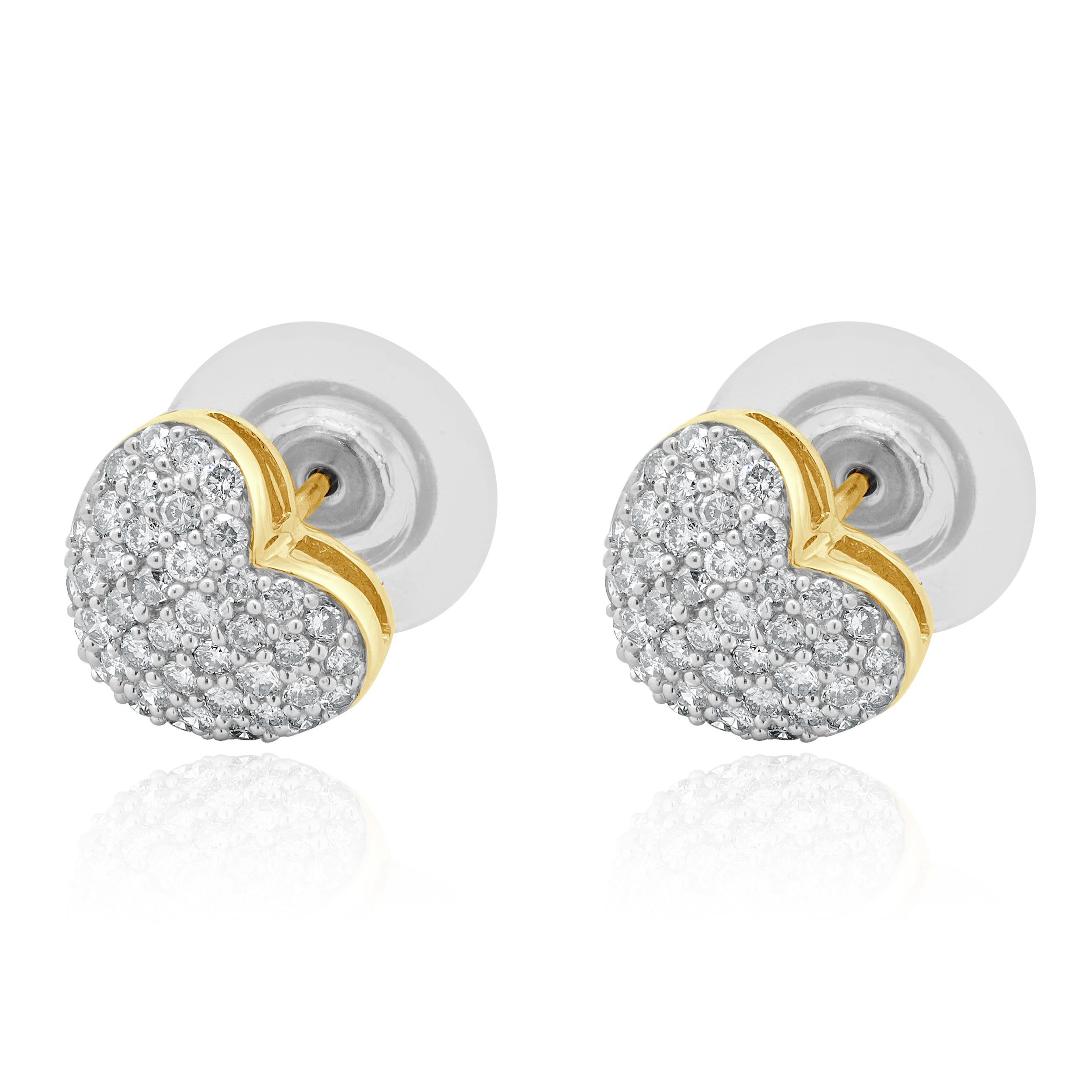 14 Karat Yellow Gold Pave Diamond Heart Stud Earrings In Excellent Condition For Sale In Scottsdale, AZ