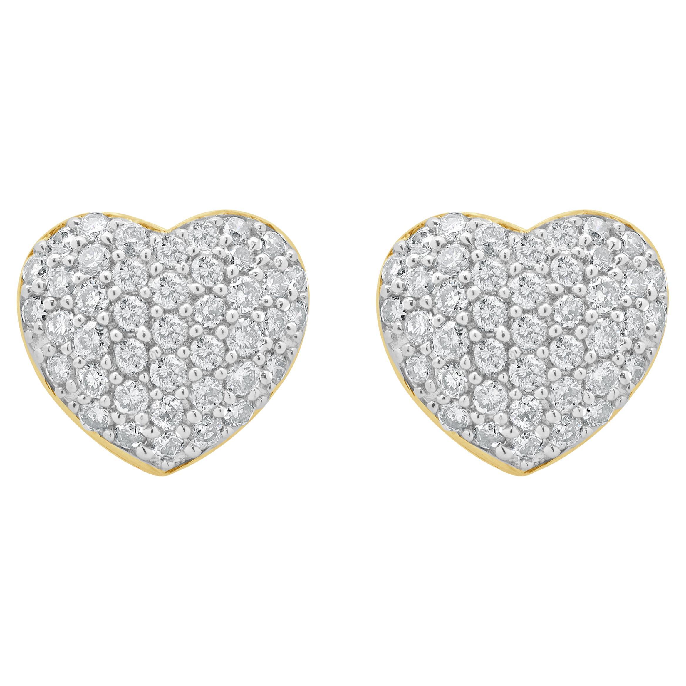 14 Karat Yellow Gold Pave Diamond Heart Stud Earrings For Sale
