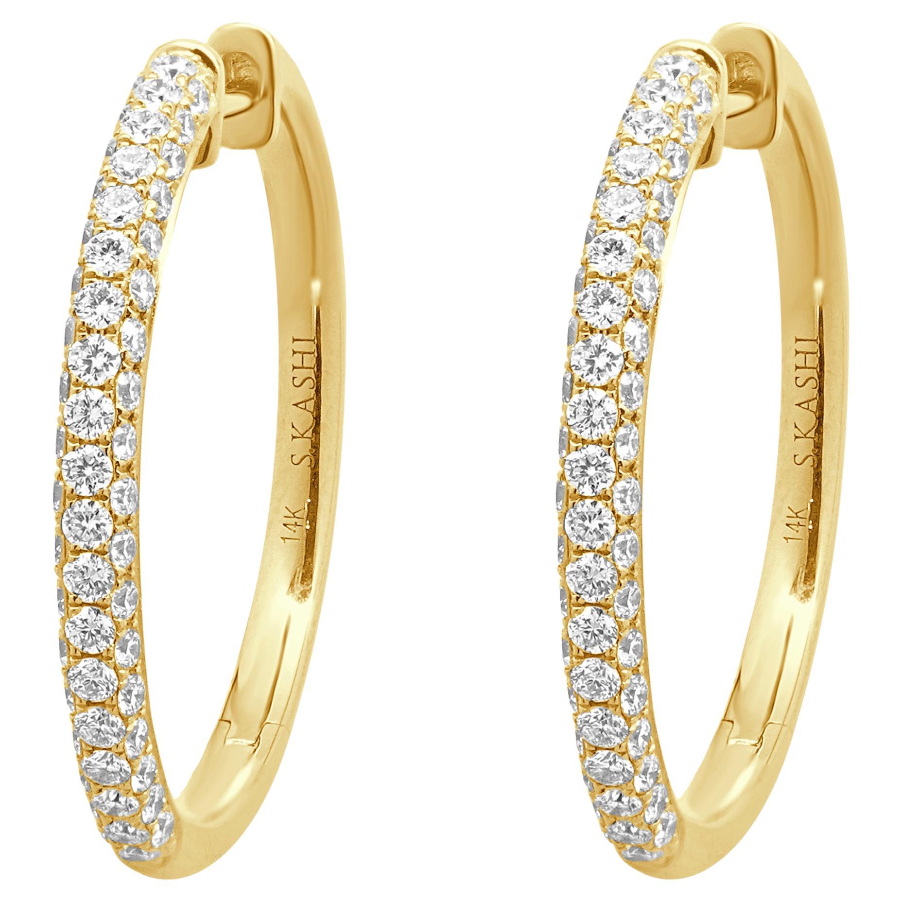 14 Karat Yellow Gold Pave Diamond Hoop Earrings