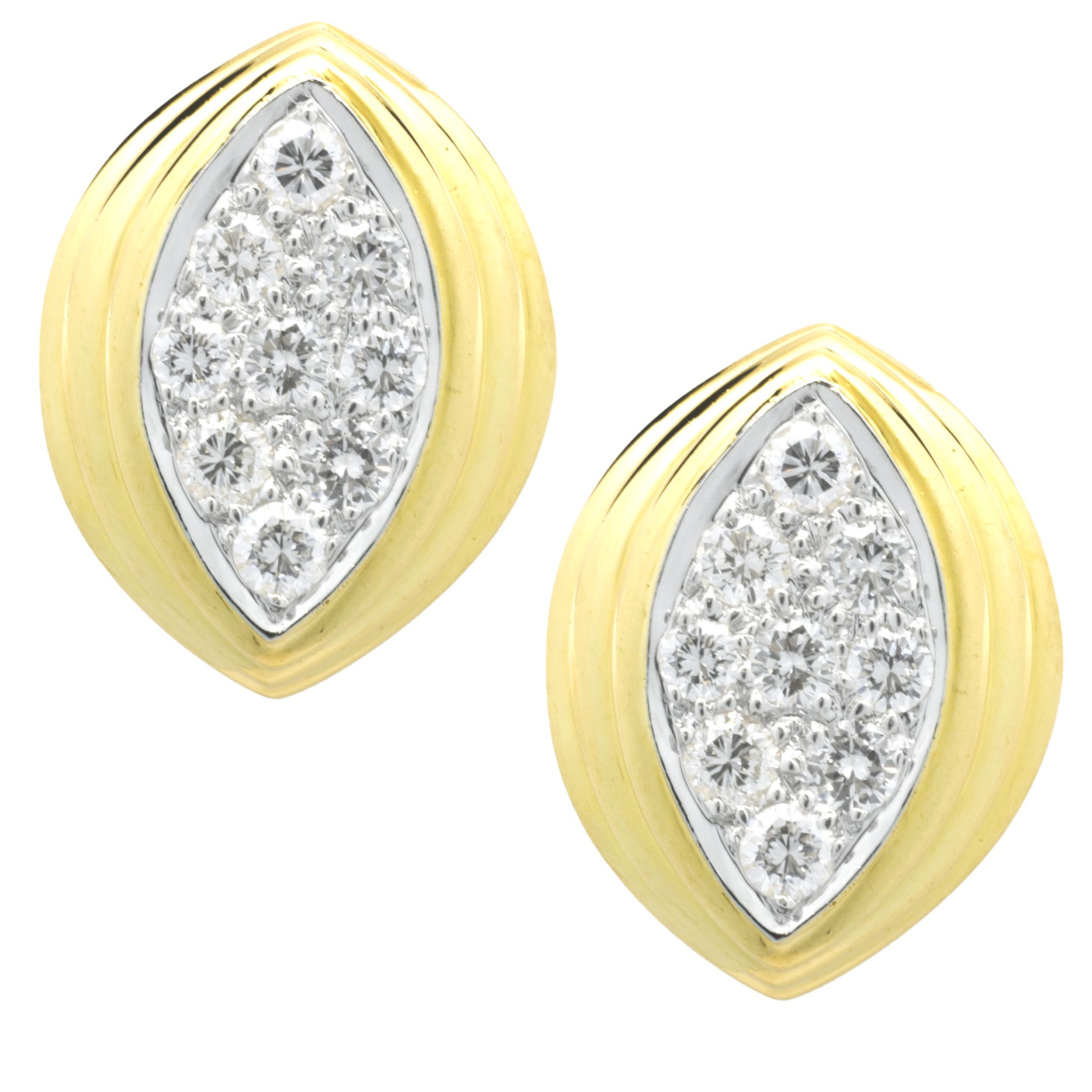 Designer: custom design
Material: 14K yellow gold
Diamonds: 18 round brilliant cut = 1.08cttw
Color: G
Clarity: SI1
Dimensions: earrings measure 19.3 X 14.75mm 
Fastenings: post with omega backs
Weight: 9.48 grams

