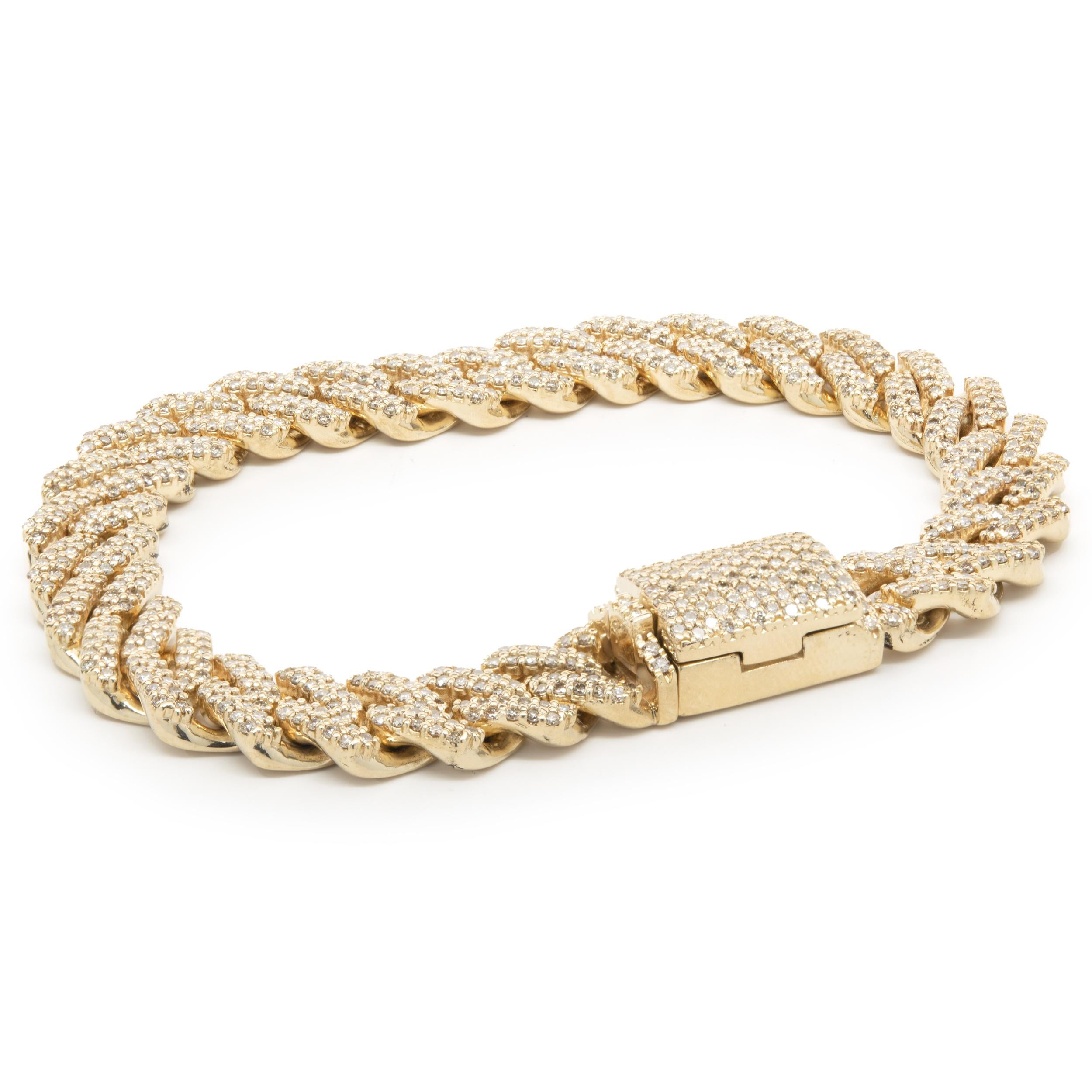 Designer: custom 
Material: 14K yellow gold
Diamond: 739 round brilliant cut = 7.40cttw
Color:  H / I
Clarity: SI2
Dimensions: bracelet will fit up to a 7.75-inch wrist
Weight: 54.28 grams