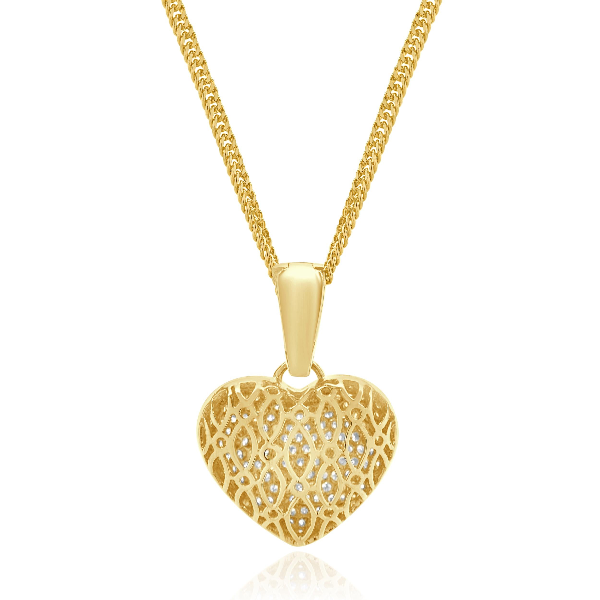 Round Cut 18 Karat Yellow Gold Pave Diamond Puffed Heart Necklace For Sale