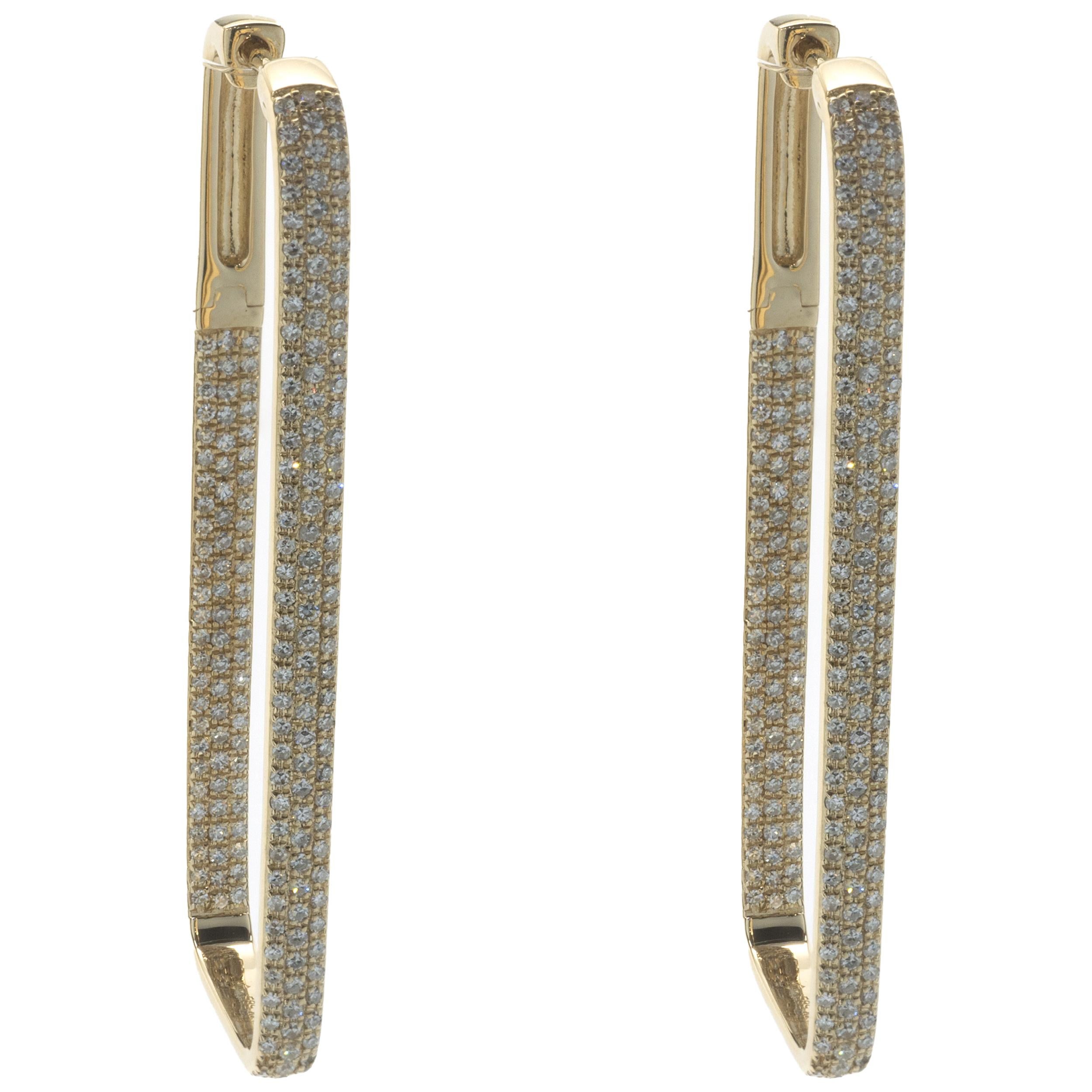 Boucles d'oreilles en goutte rectangulaires en or jaune 14 carats avec diamants pavés en vente