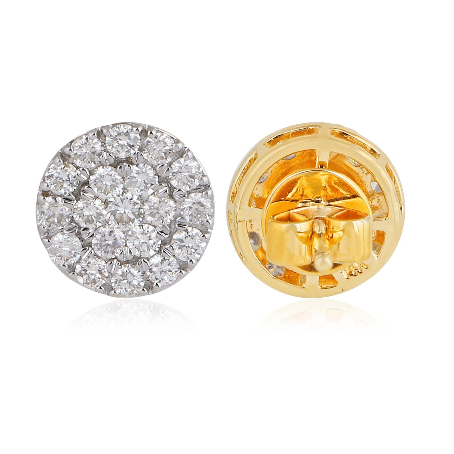 Round Cut 14 Karat Yellow Gold Pave Diamond Round Stud Earrings For Sale