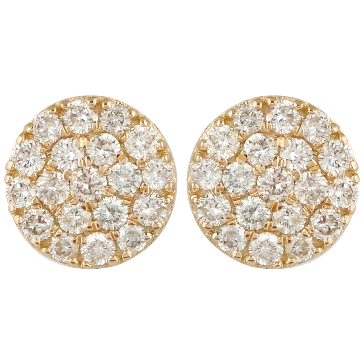 14 Karat Yellow Gold Pave Diamond Round Stud Earrings For Sale